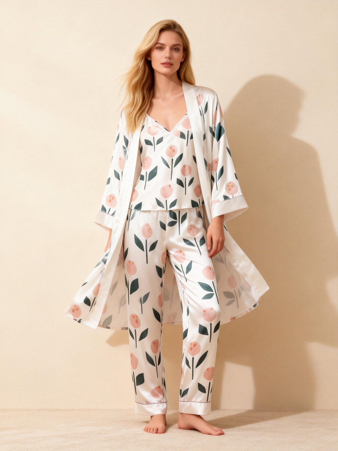 Satin 3-Piece Floral Pattern Sleepwear Set for Women