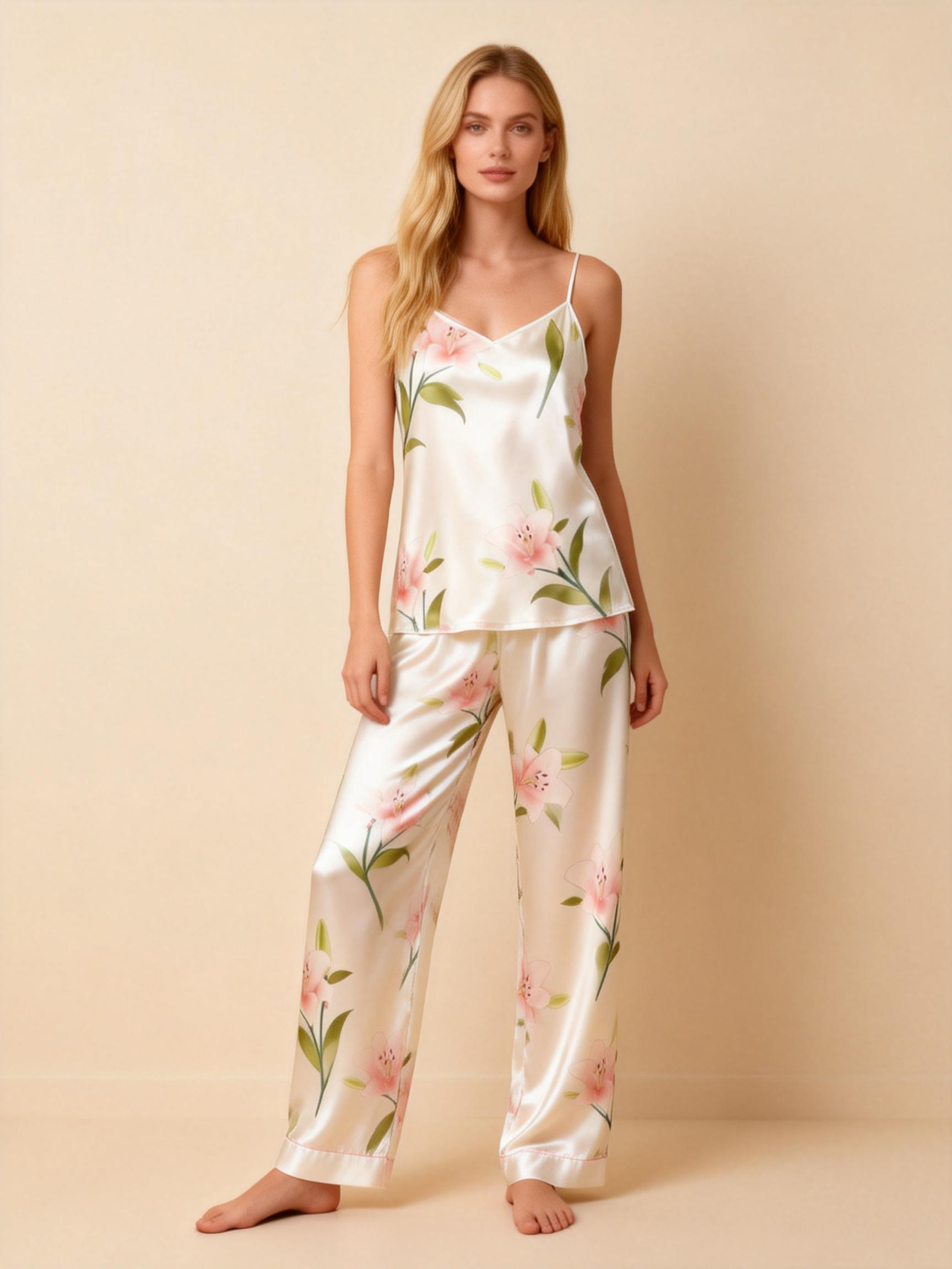 Women's 3-Piece Lily flower Print Satin Loungewear