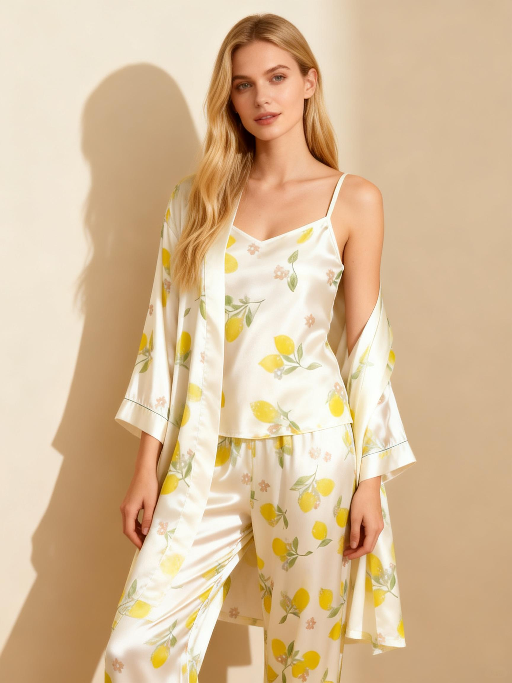 3-Piece Satin Nightwear Set with Watercolor Botanical Pattern