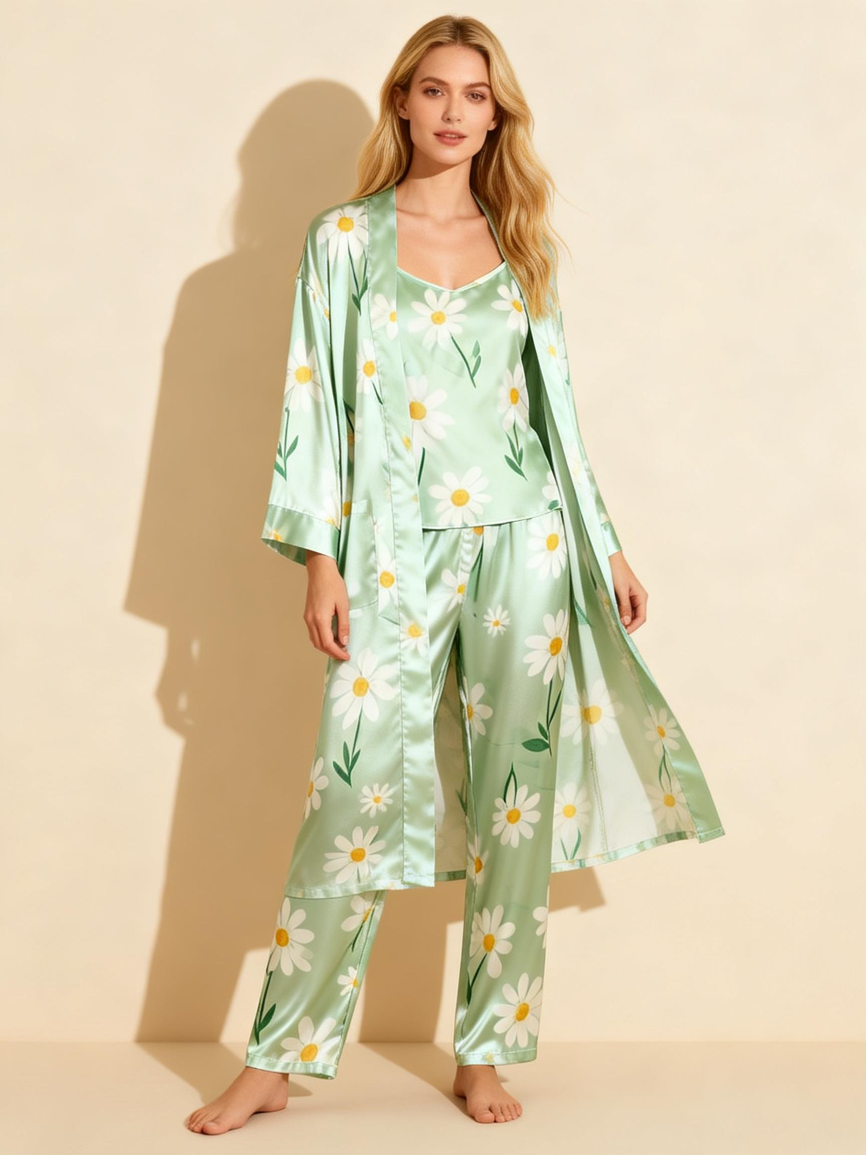 Satin 3-Piece Dreamy Green Sleepwear Set for Women