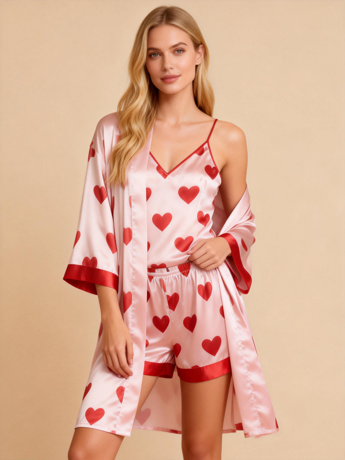 Women's Premium Satin Sleep Set Featuring Scattered Hearts Print