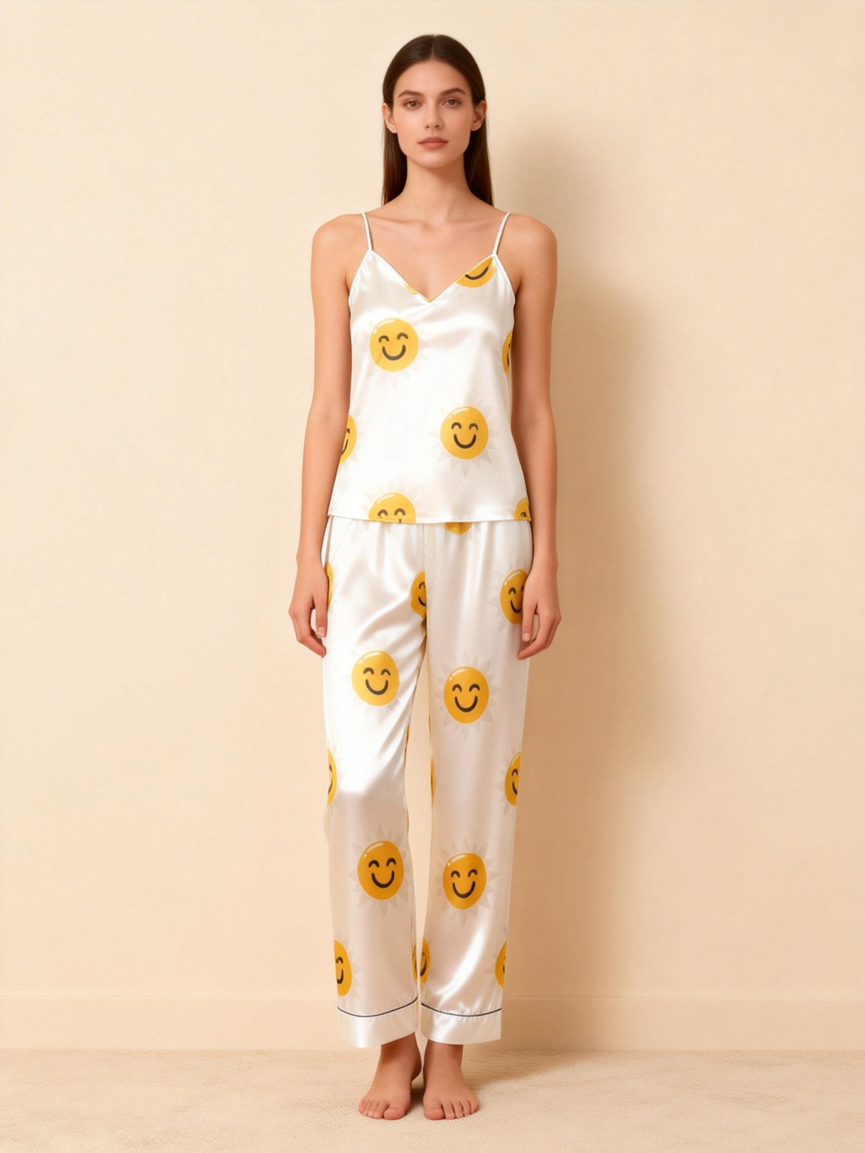 Satin 3-Piece Lovely Emoji Sleepwear Set for Women