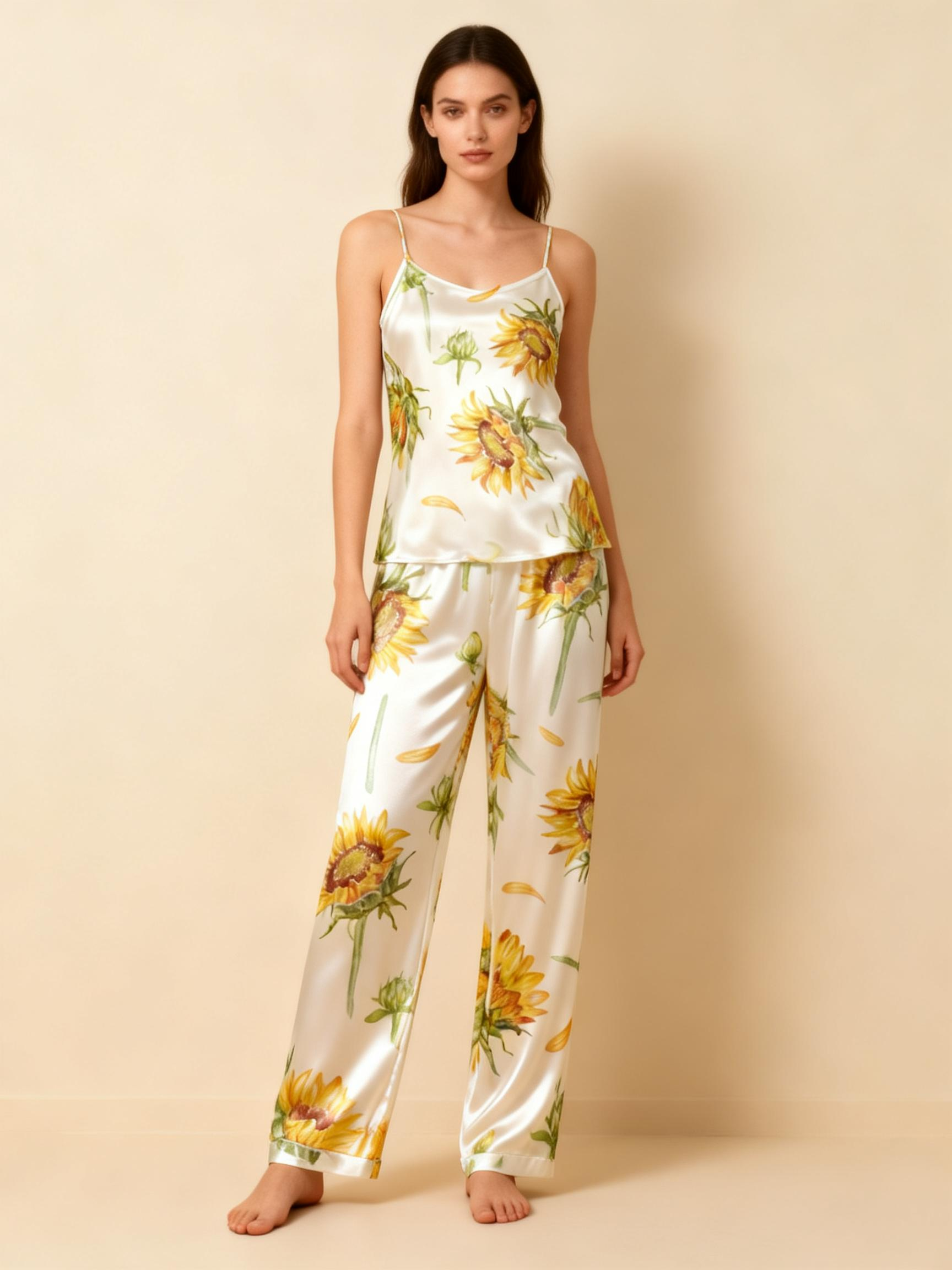 Satin 3-Piece Sunflower Sleepwear Set for Women