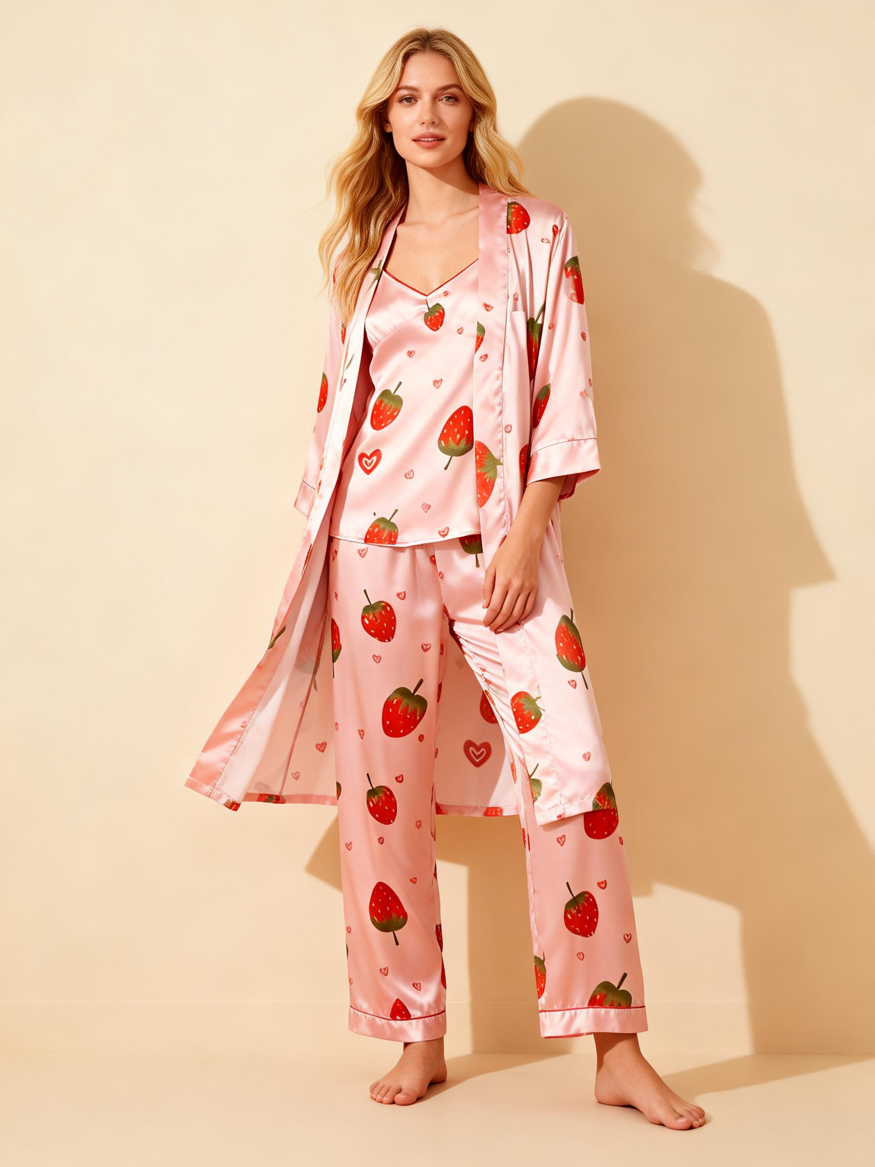 Women's 3-Piece Lovely Strawberry Satin Loungewear