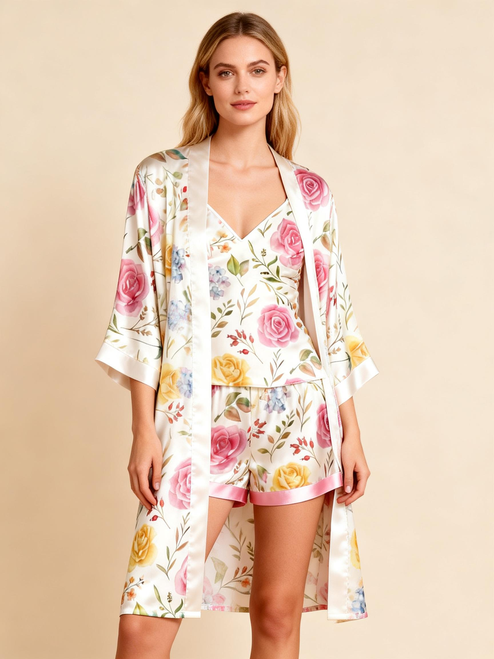 Women's Premium Satin Sleep Set with Elegant Rose Garden