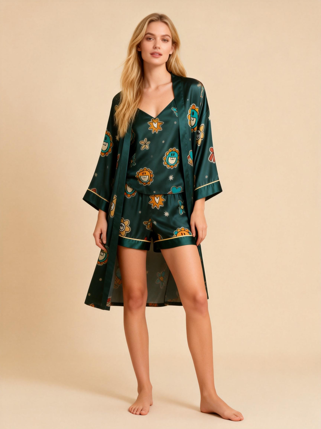 Women's Premium Satin Sleep Set Featuring Elegant Green Print
