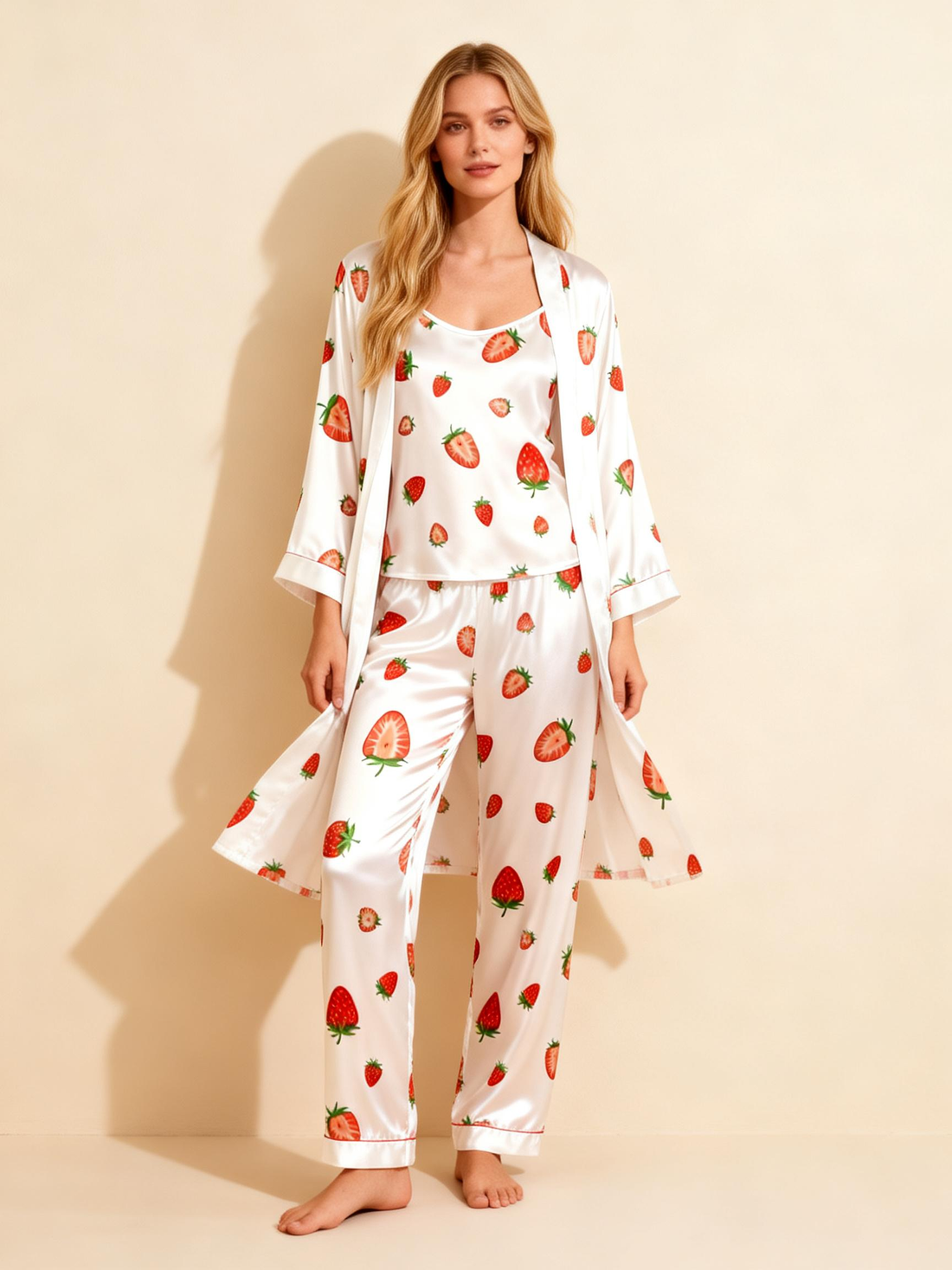 Satin 3-Piece Strawberry Pattern Sleepwear Set for Women