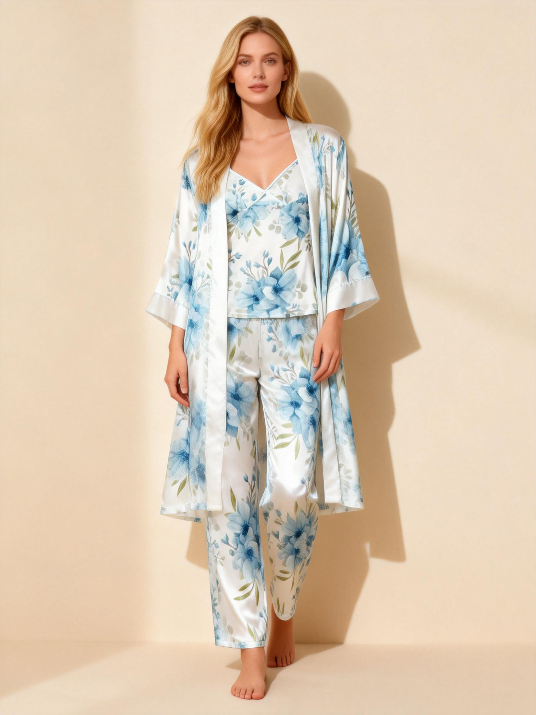 Satin 3-Piece Watercolor-Floral Sleepwear Set for Women