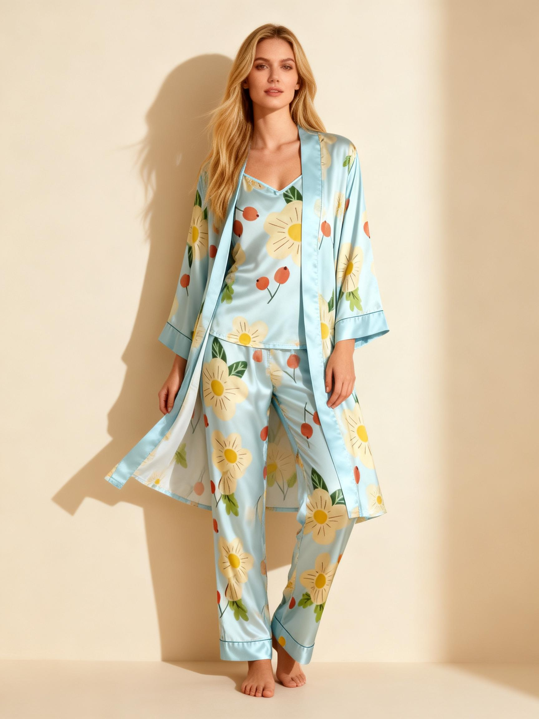 Satin 3-Piece Wildflower Meadow Sleepwear Set for Women