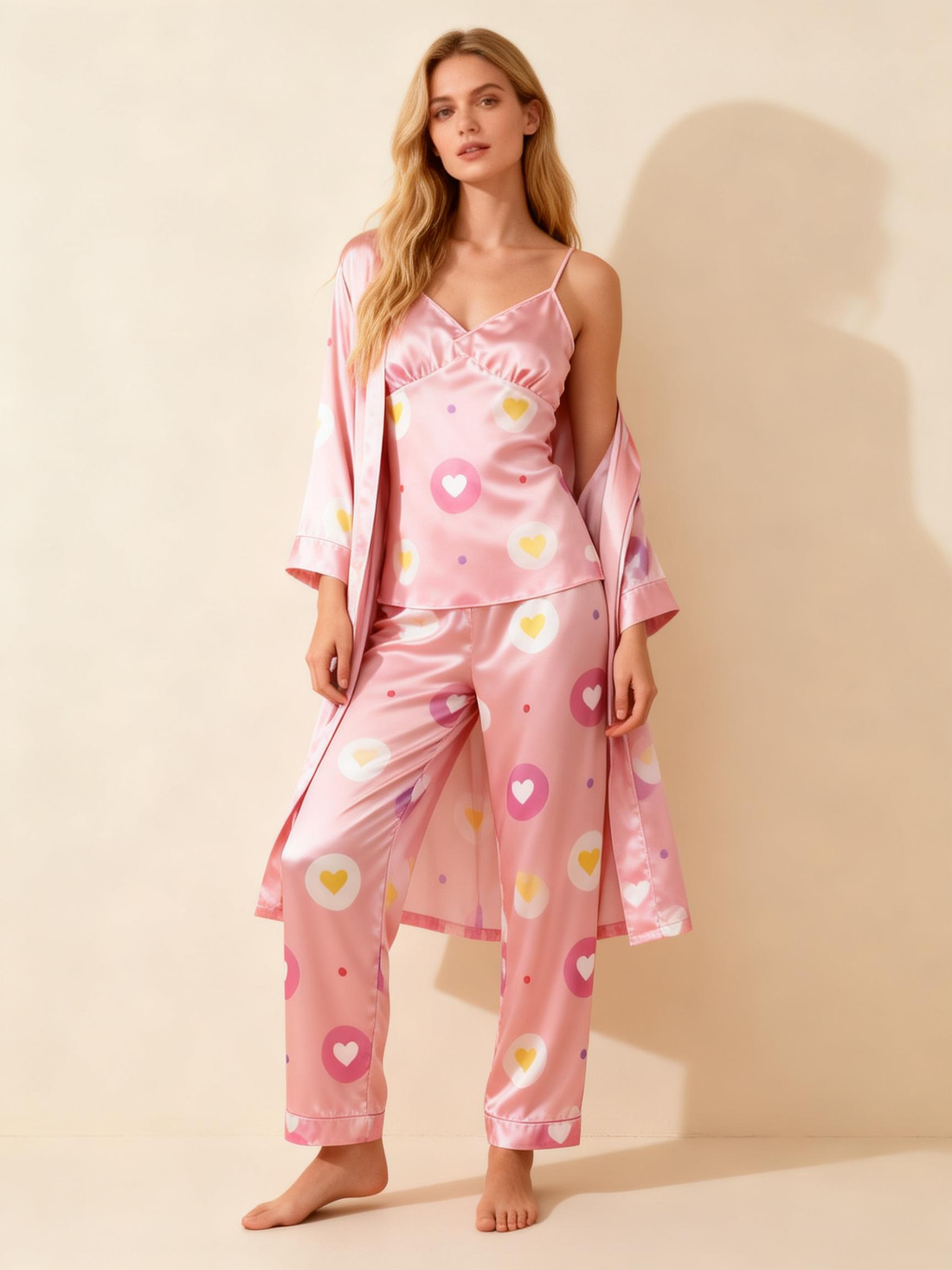 Satin 3-Piece Lovely Hearts Sleepwear Set for Women