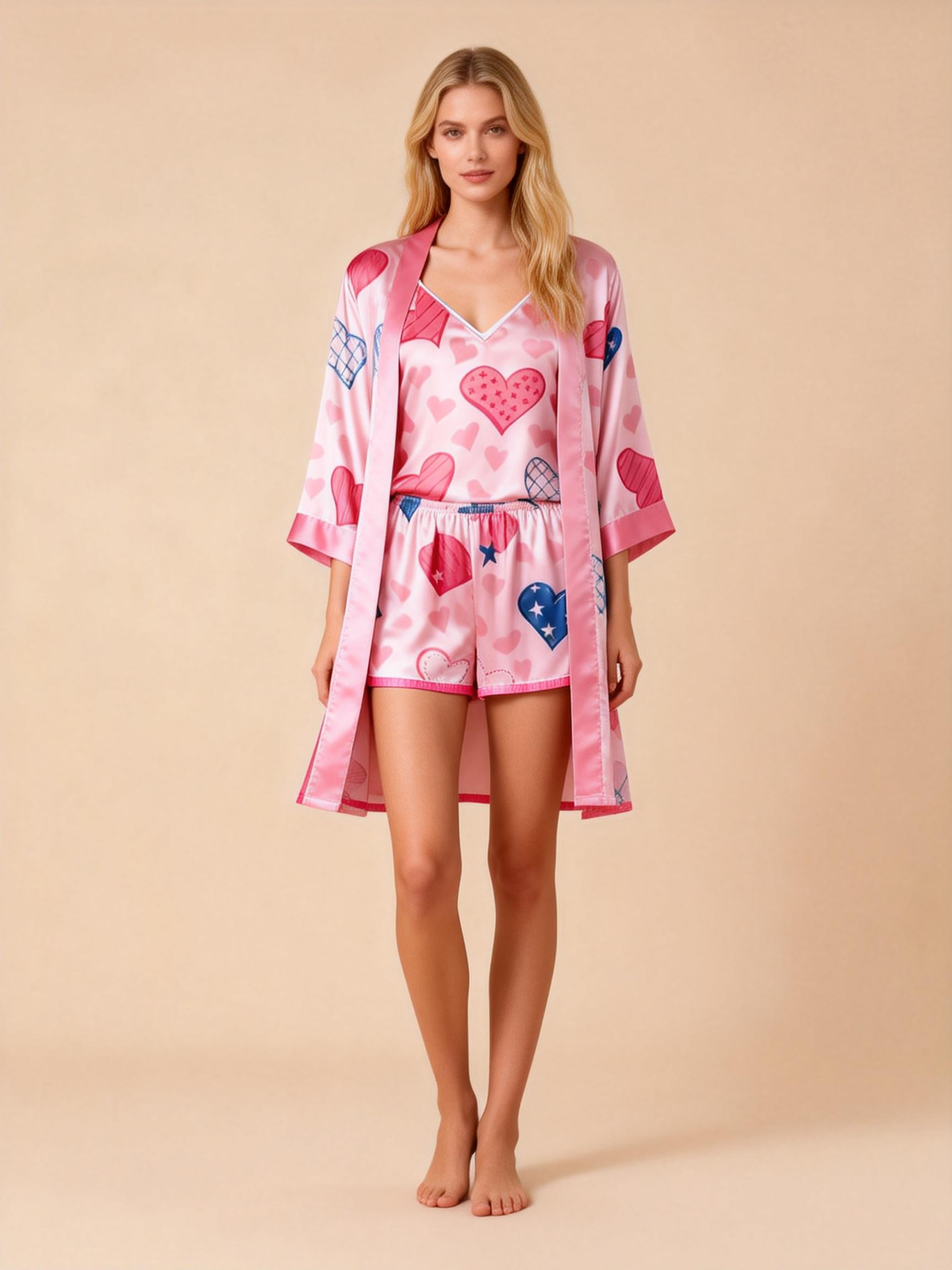 Women's Premium Satin Sleep Set with Pink Heart