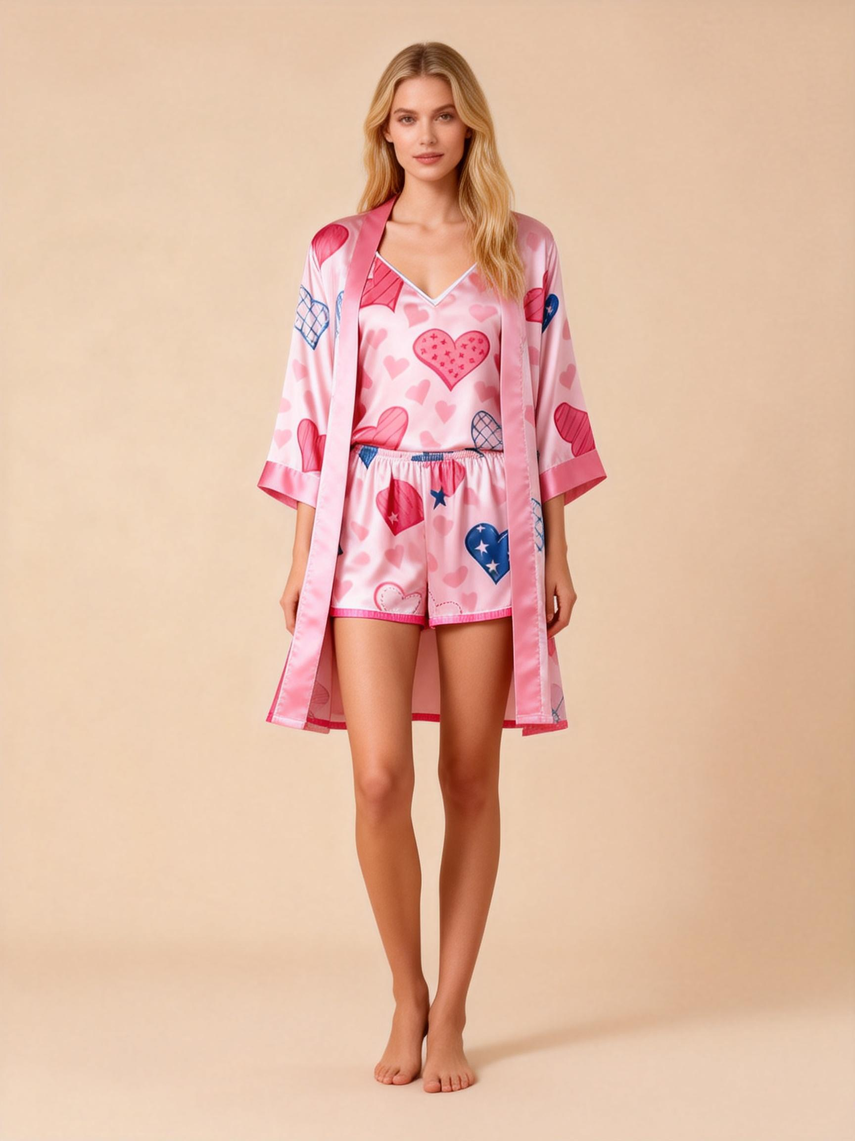 Women's Premium Satin Sleep Set with Pink Heart