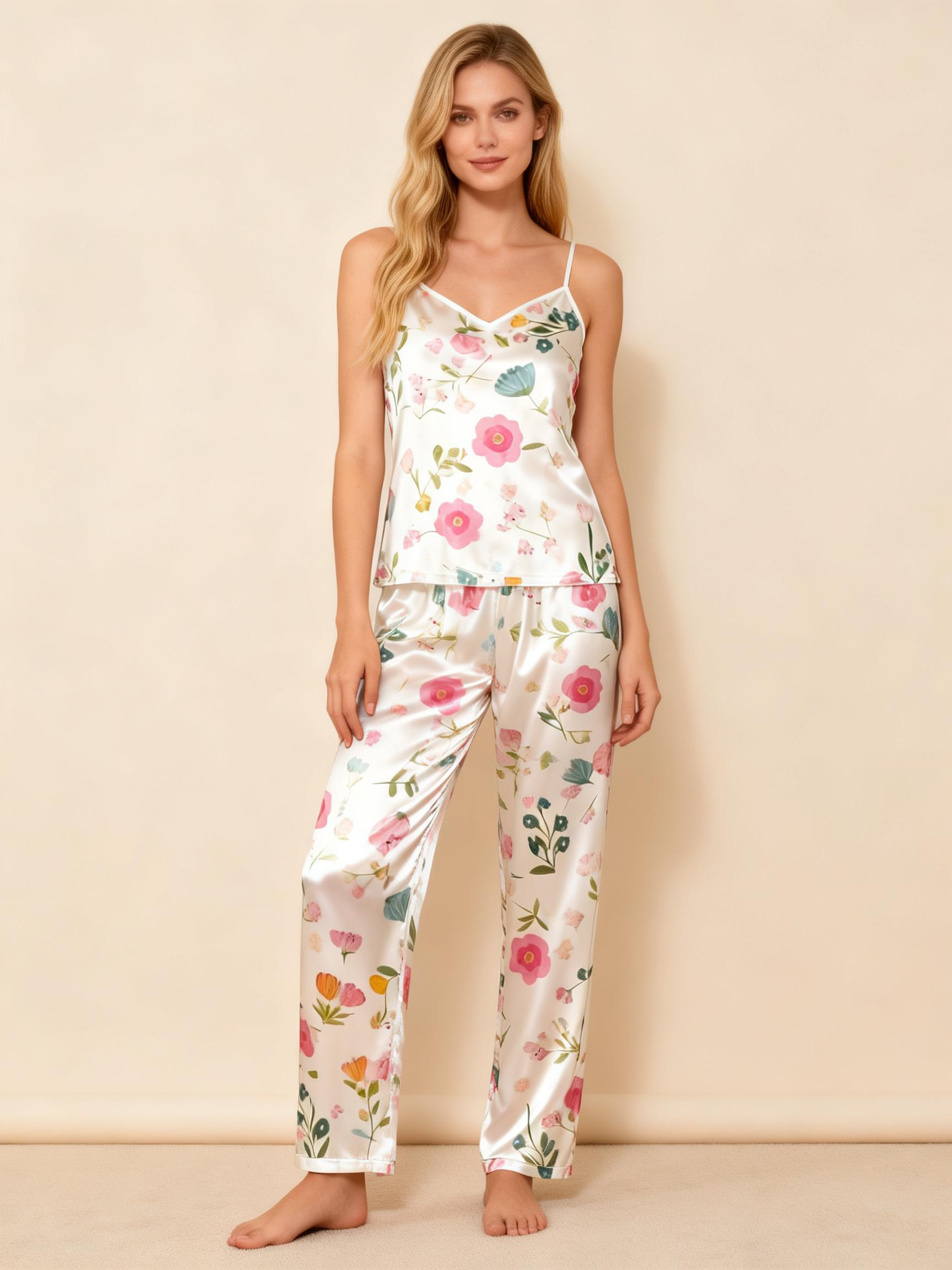 Satin 3-Piece Colorful Floral Sleepwear Set for Women