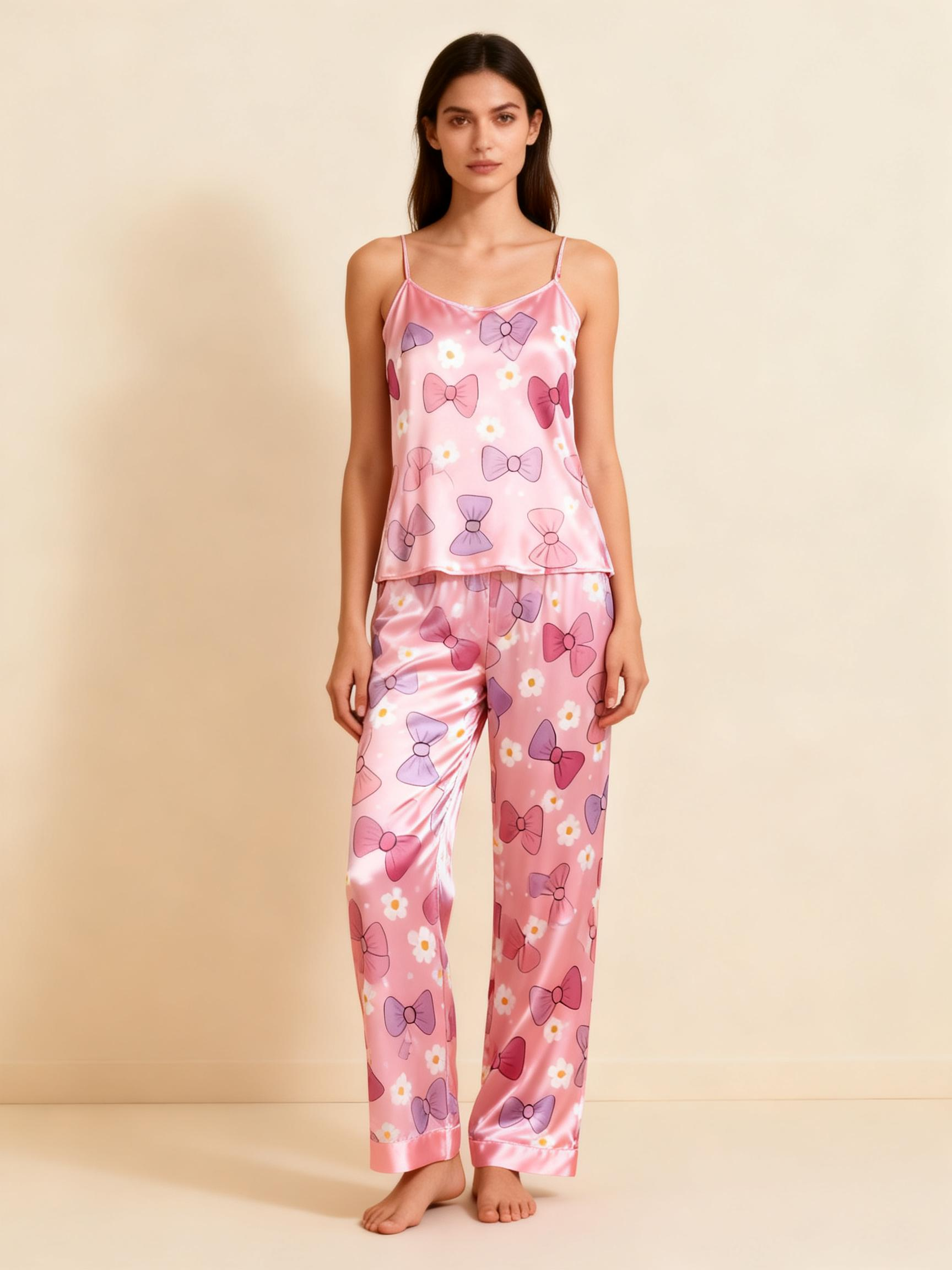 Satin 3-Piece Lovely Bowknot Sleepwear Set for Women