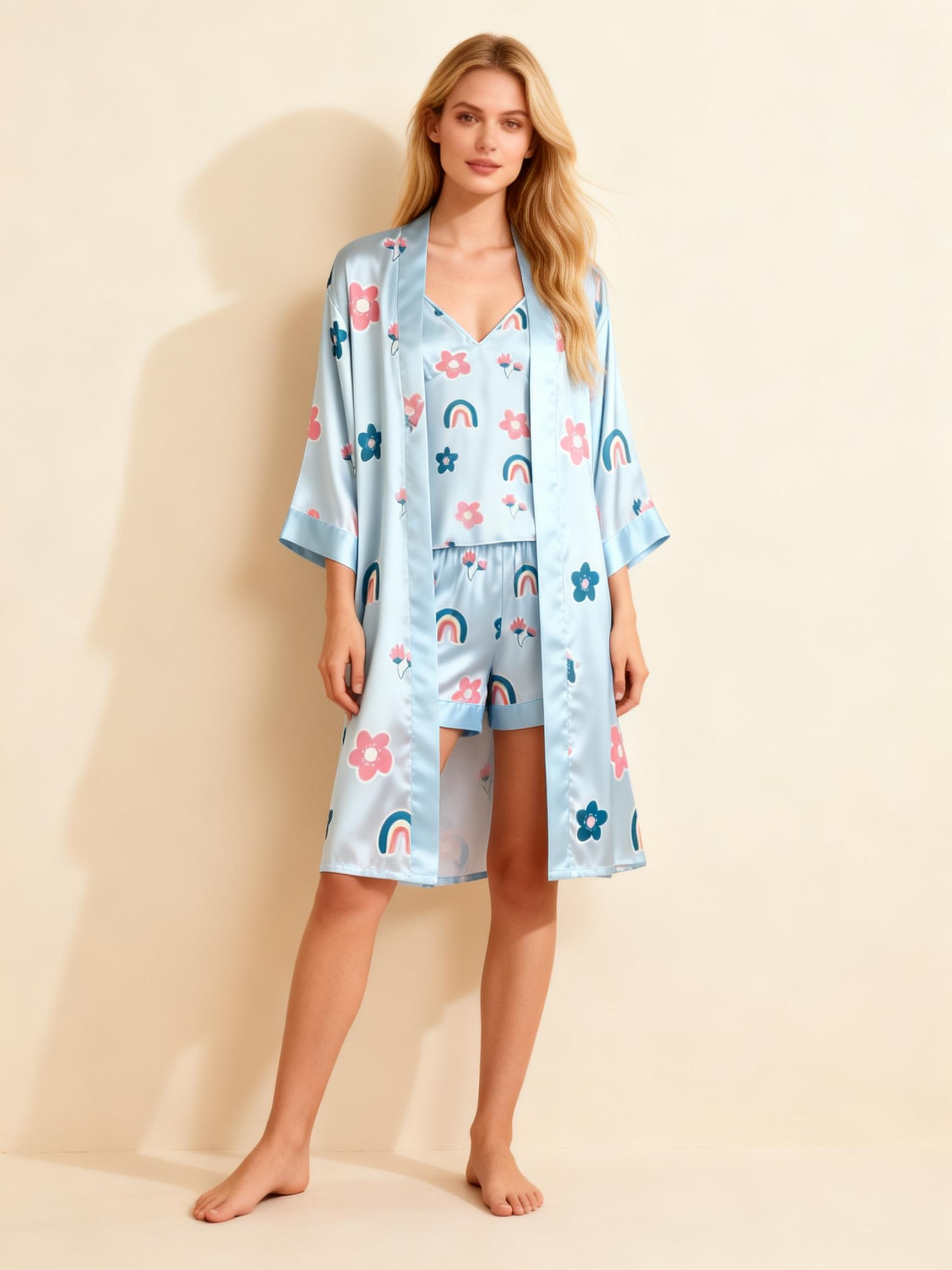 Floral & Dreamscape Satin Sleepwear Trio for Women