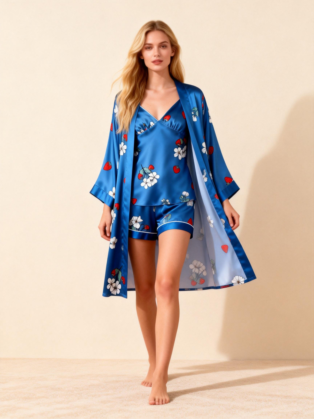Strawberry & Botanical Print Elegance 3-Piece Satin Lounge Set for Women