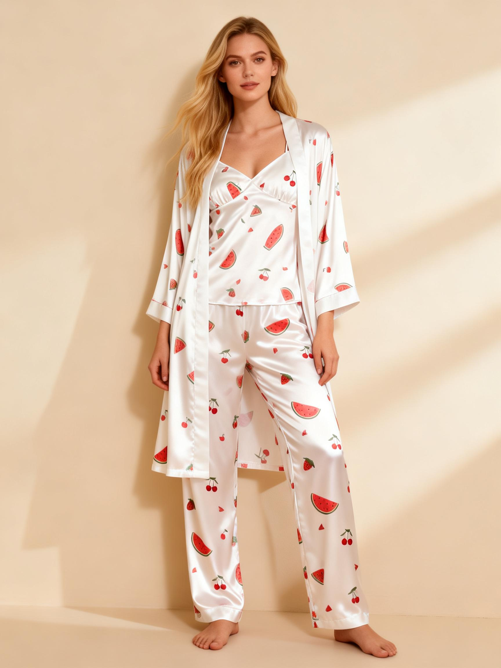 Satin 3-Piece Playful Fruit Sleepwear Set for Women