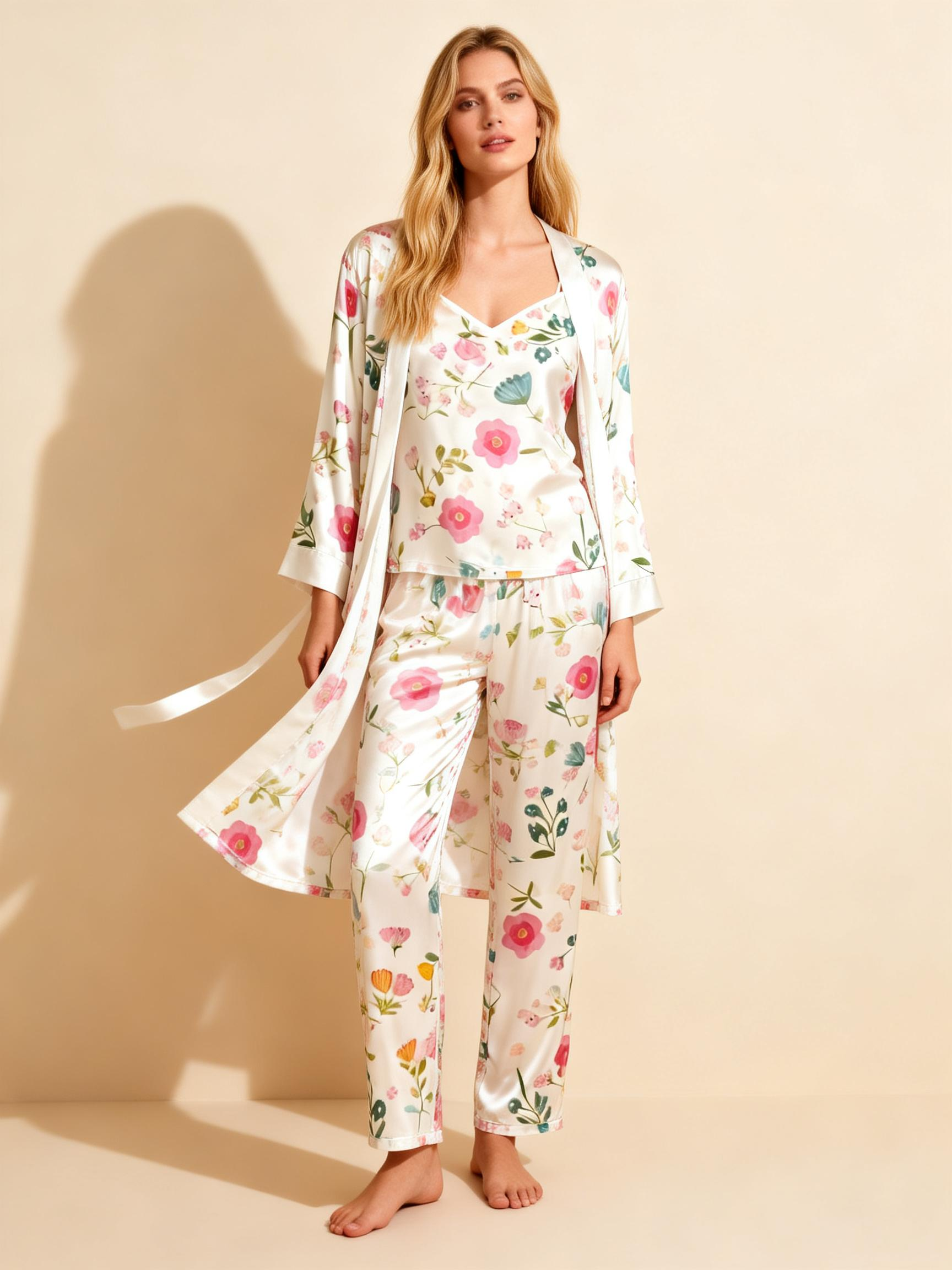 Satin 3-Piece Colorful Floral Sleepwear Set for Women