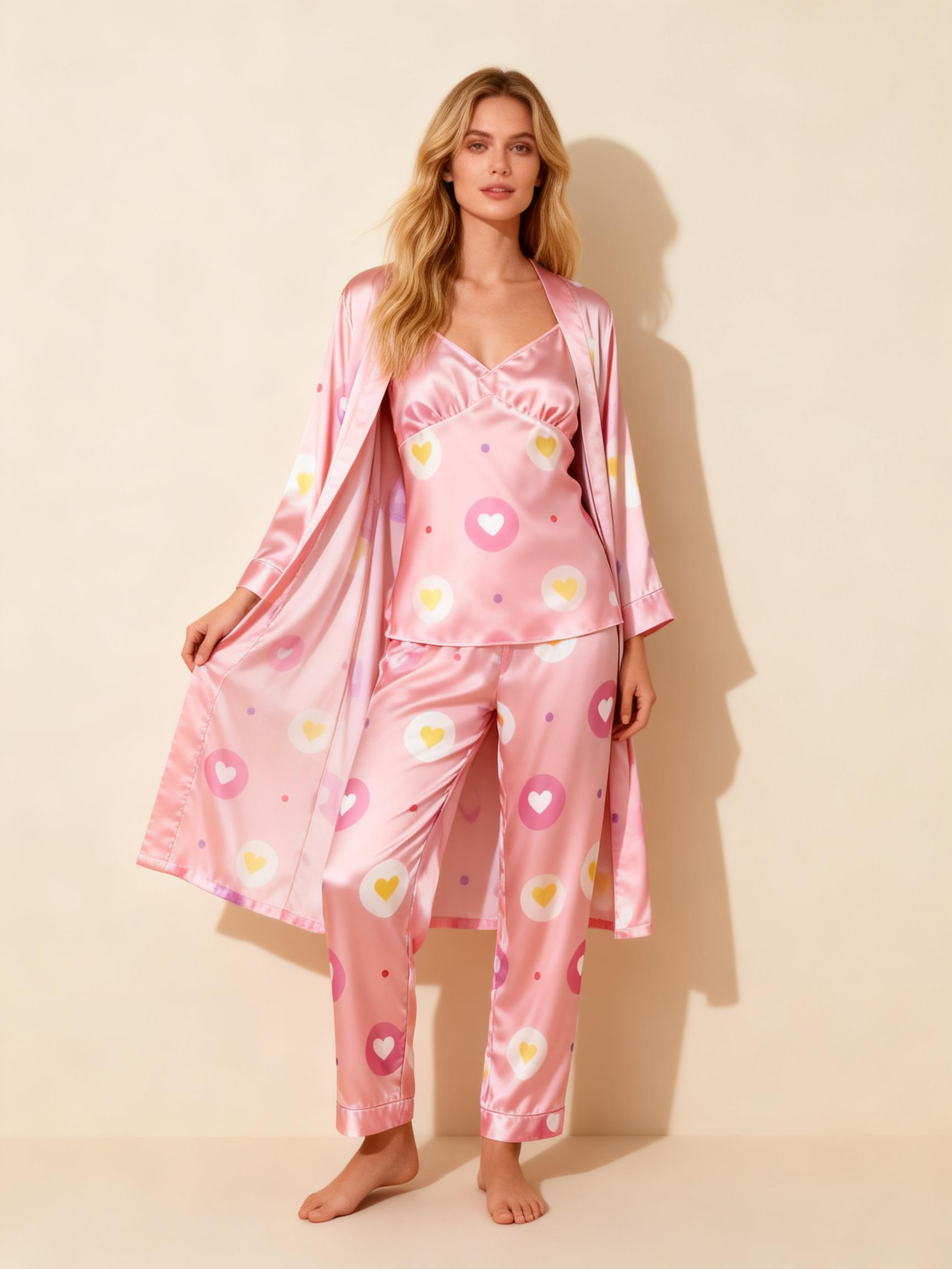 Satin 3-Piece Lovely Hearts Sleepwear Set for Women