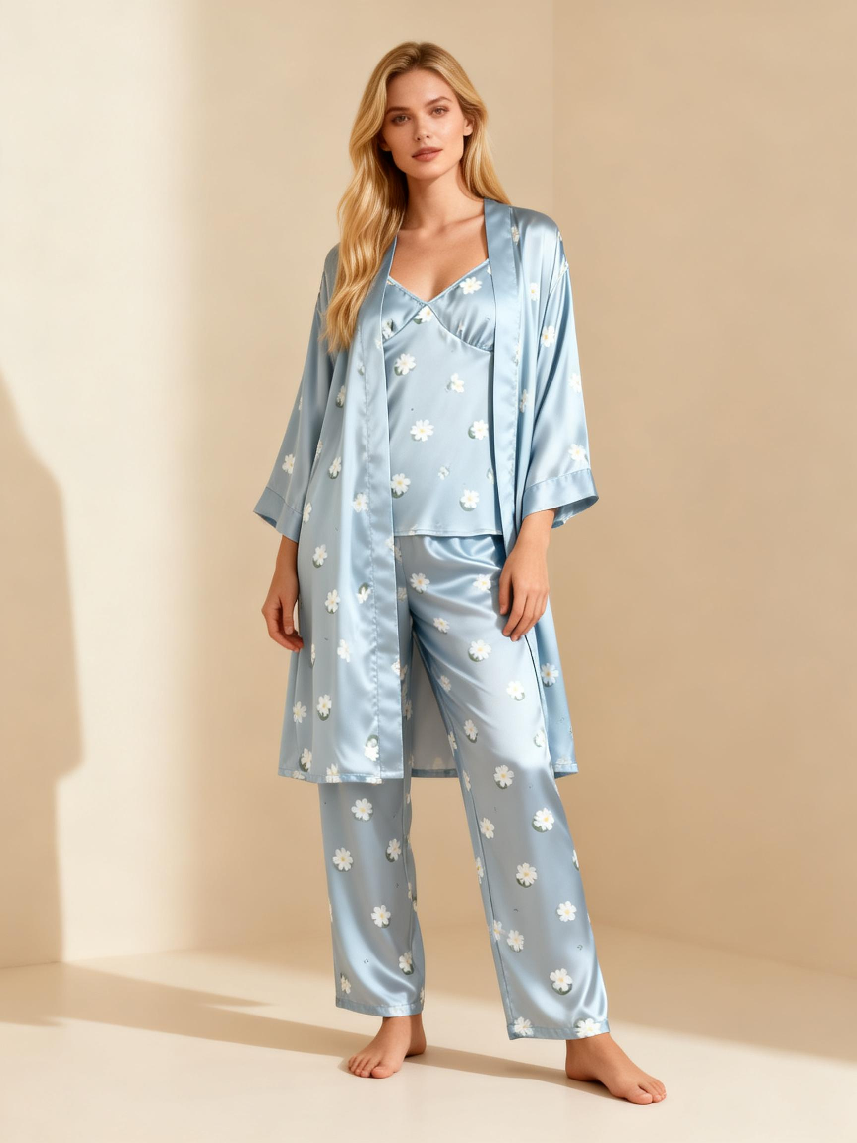 Women's 3-Piece Dreamy Blue Floral Satin Loungewear