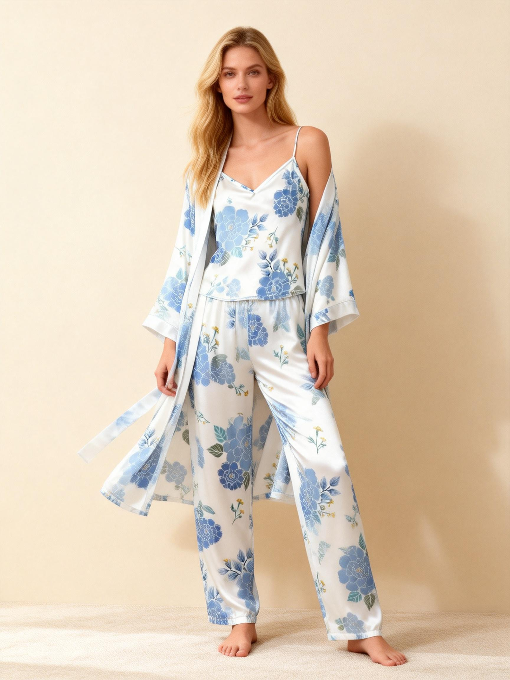 Satin 3-Piece Floral Sleepwear Set for Women