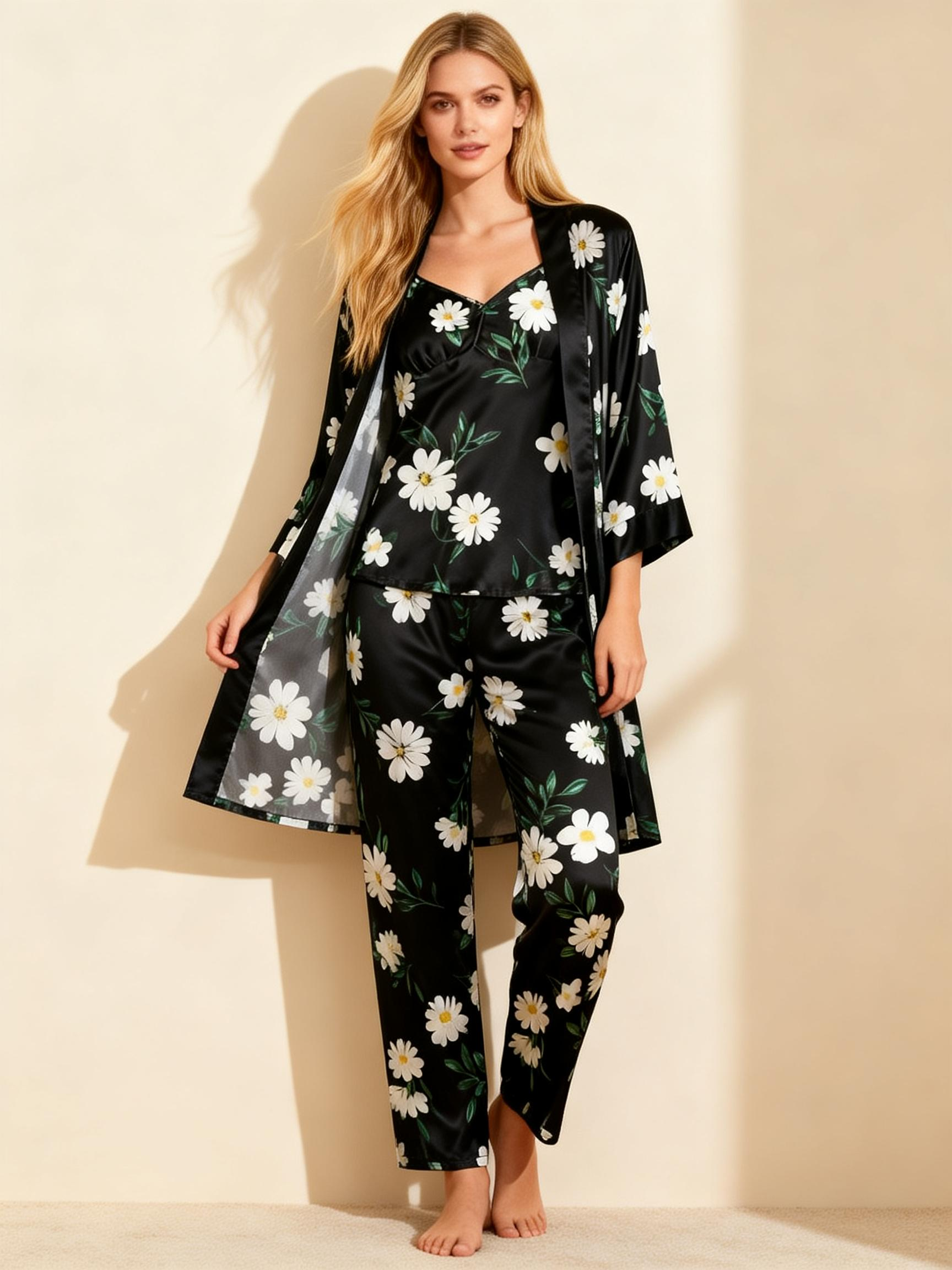 Satin 3-Piece Dreamy Black Sleepwear Set for Women