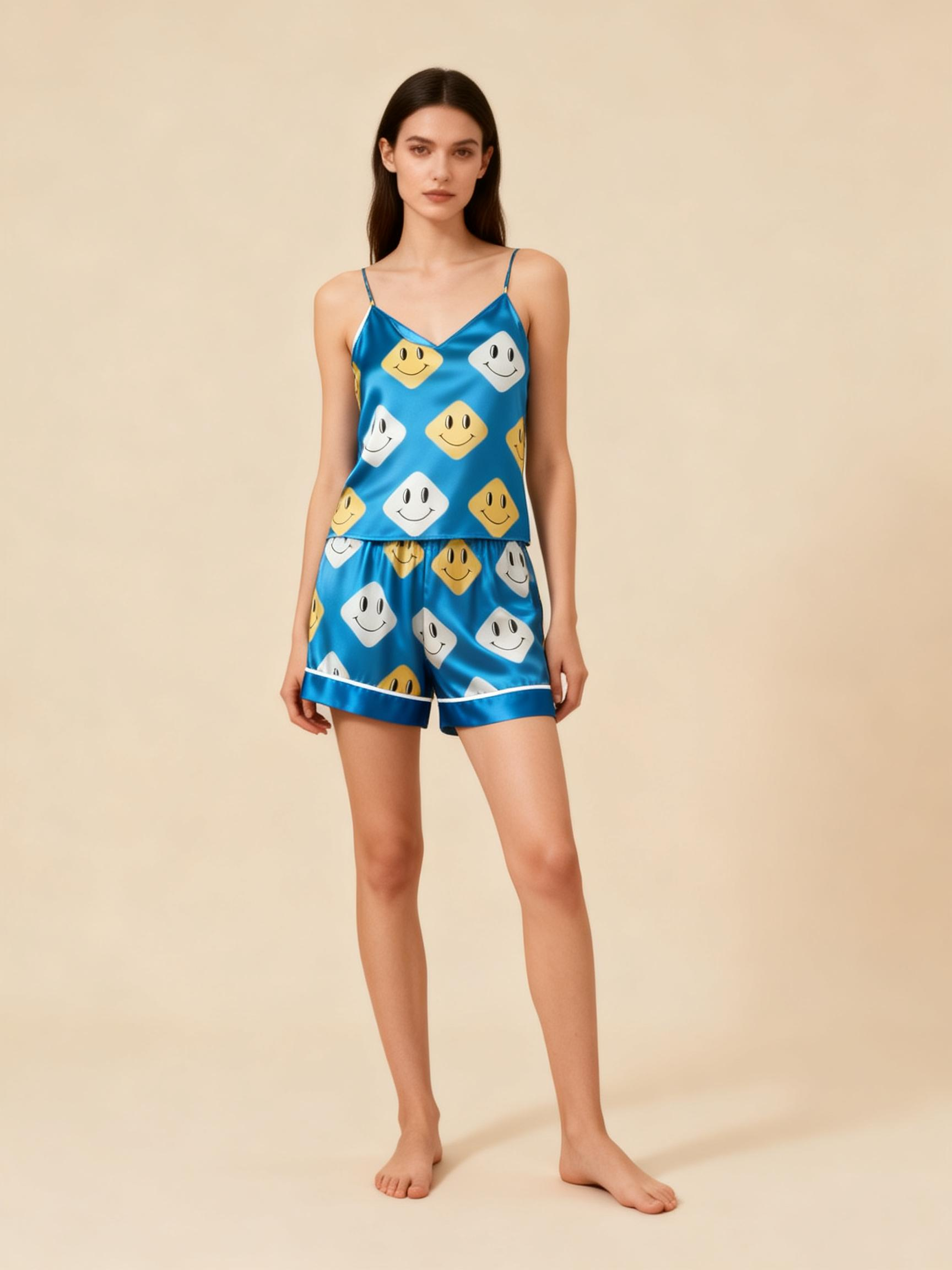 Satin 3-Piece Loungewear Set with Elegant Blue Design