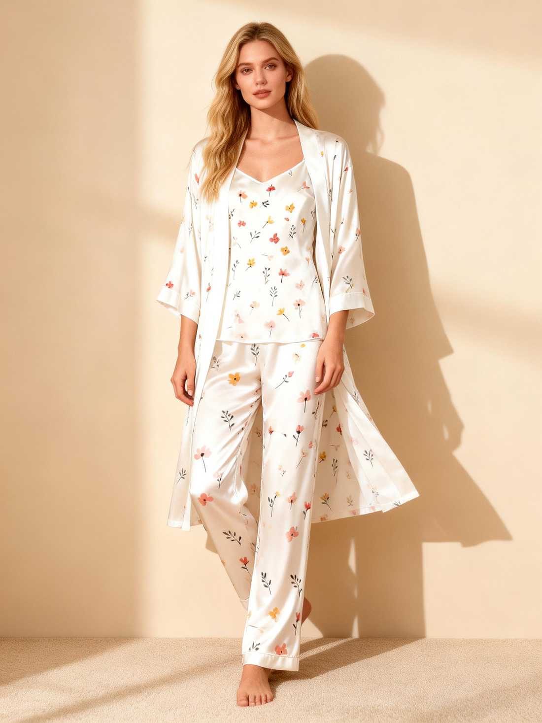 Satin 3-Piece Lovely Small Floral Sleepwear Set for Women