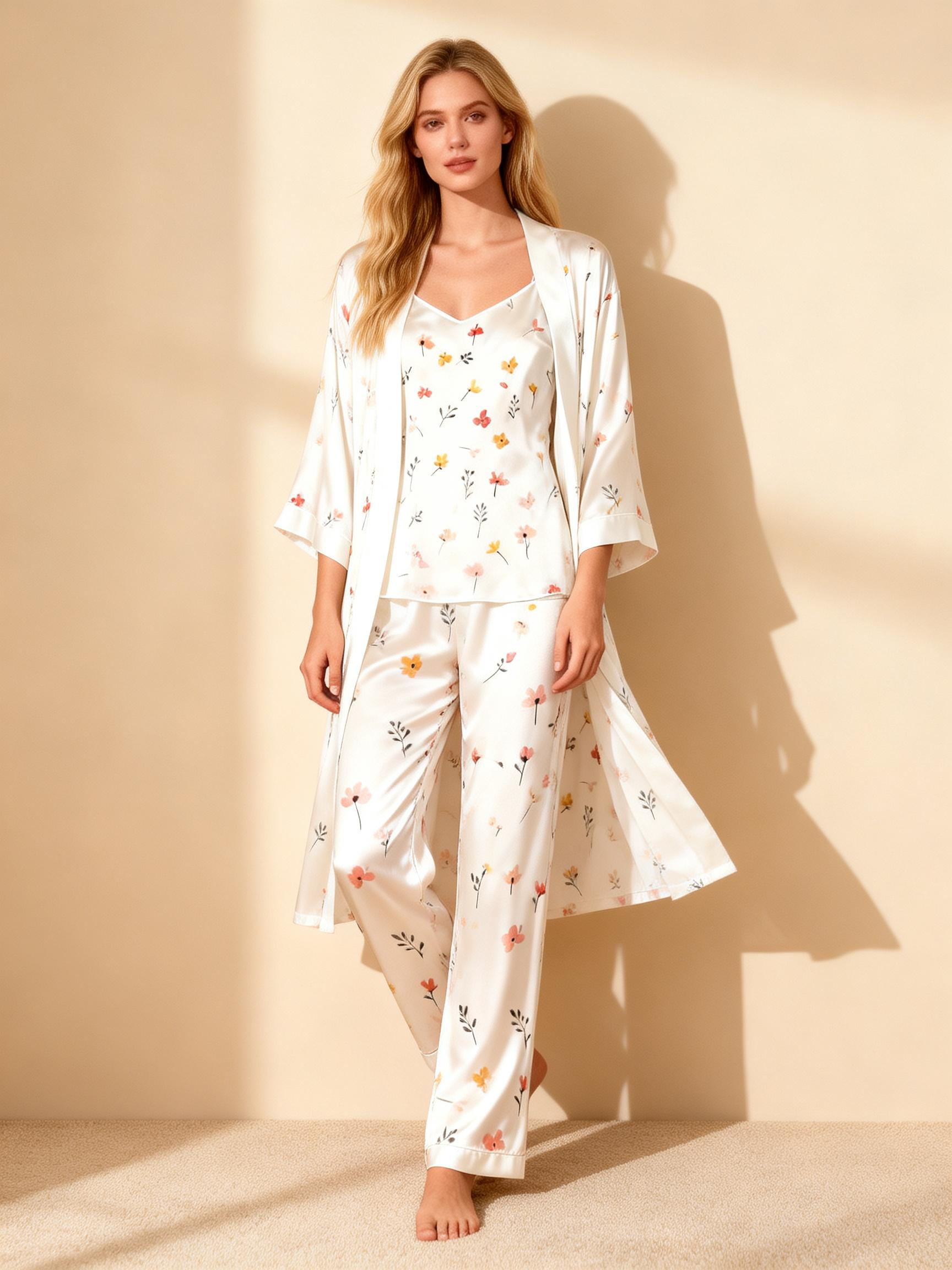 Satin 3-Piece Lovely Small Floral Sleepwear Set for Women