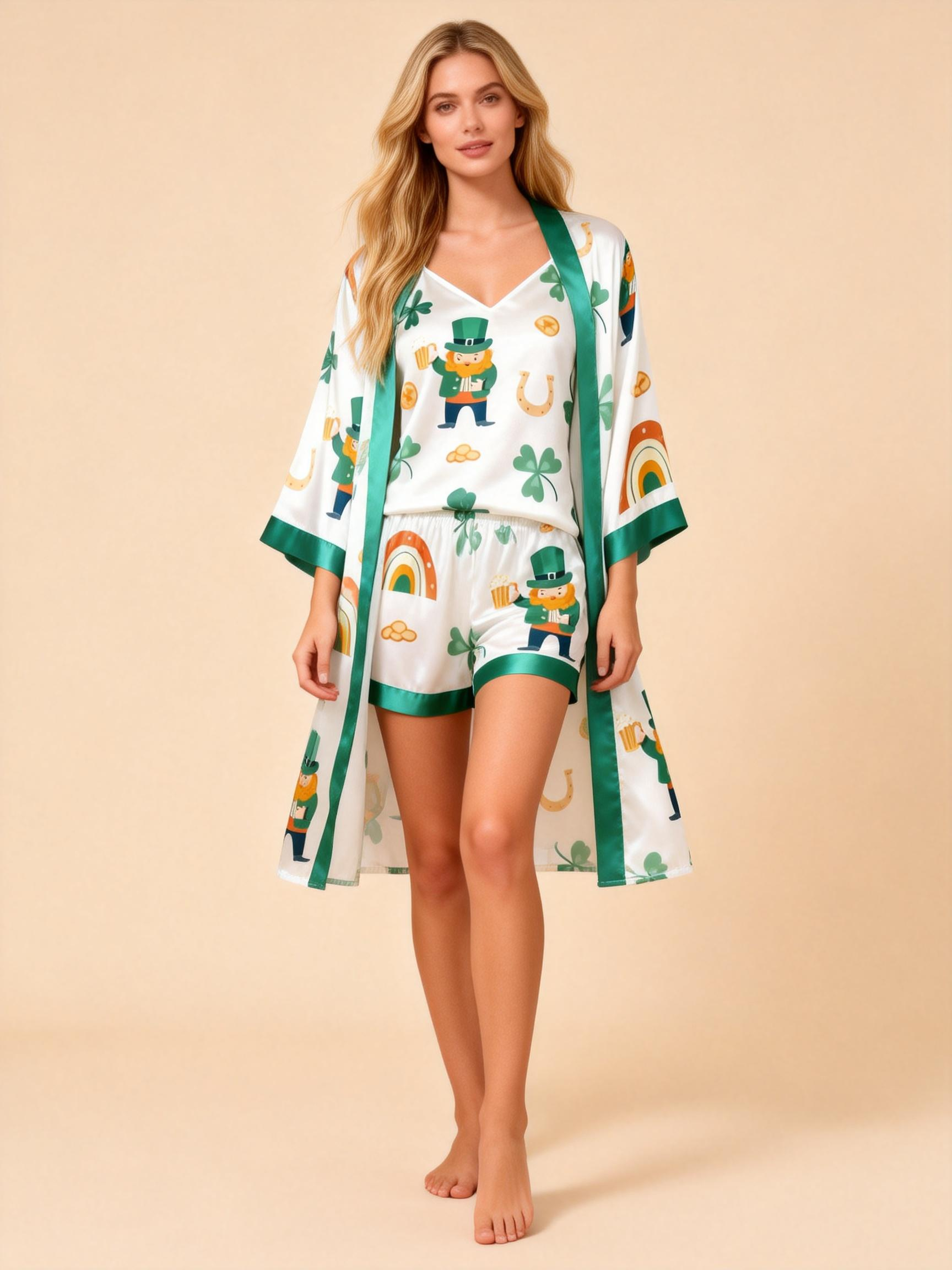 Women's Premium Satin Sleep Set with Green Pattern