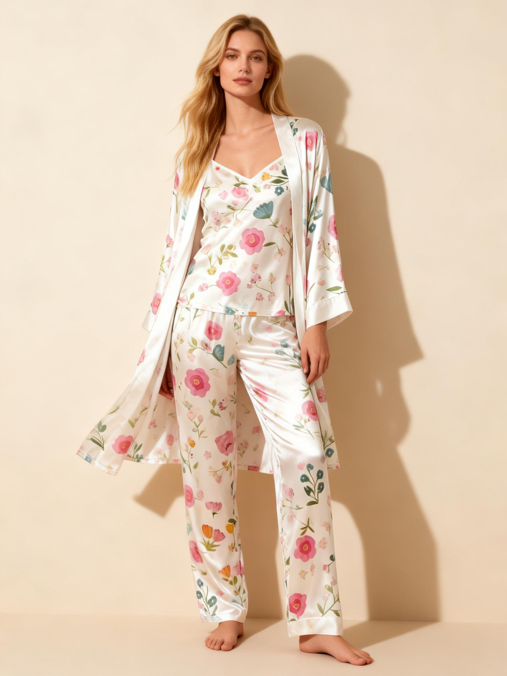 Satin 3-Piece Colorful Floral Sleepwear Set for Women