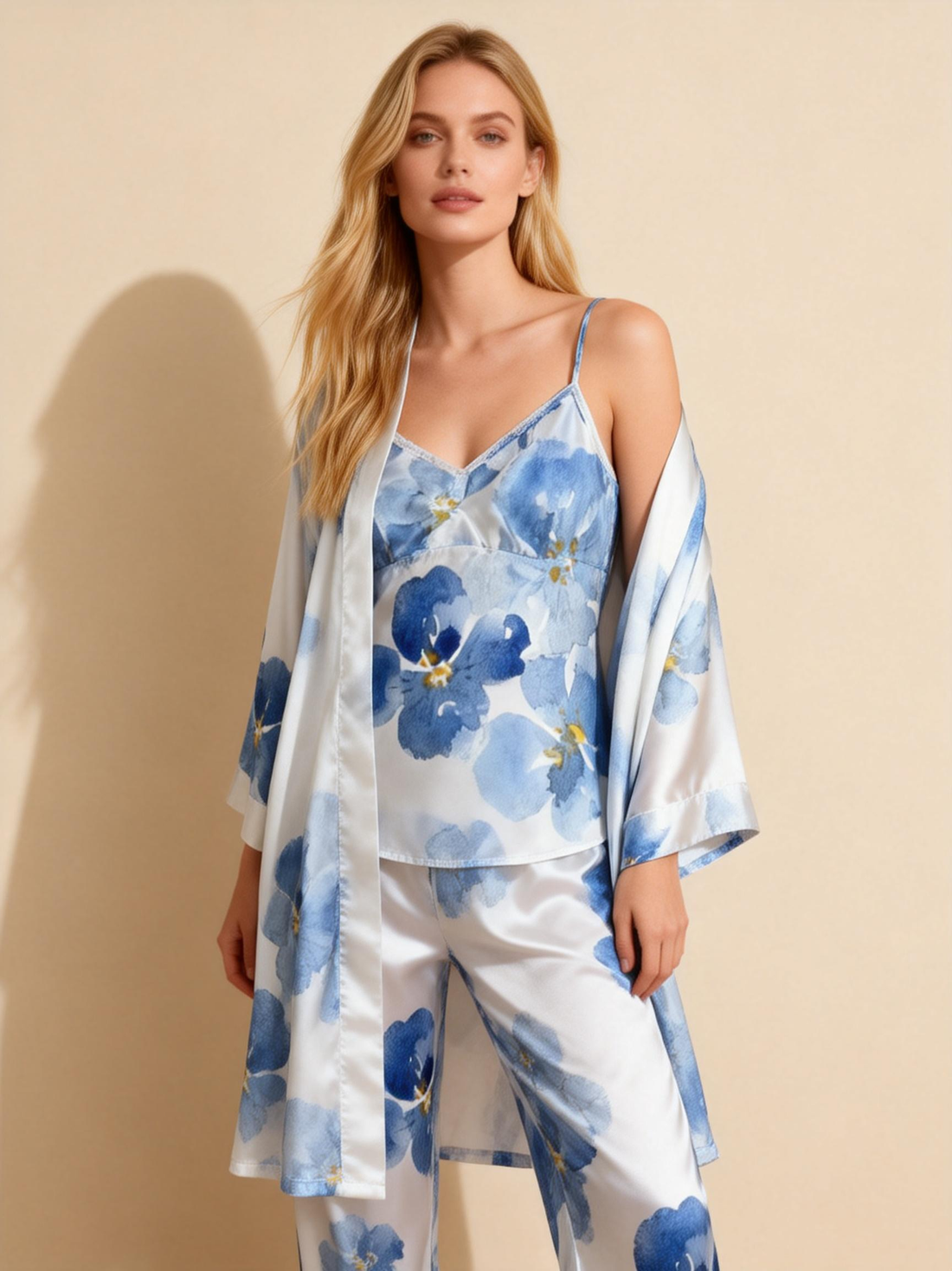 3-Piece Satin Nightwear Set with Elegant Blue Floral Pattern