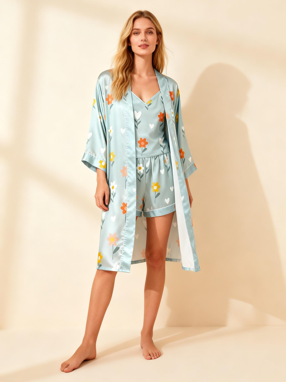 Colorful Floral & Dreamscape Satin Sleepwear Trio for Women