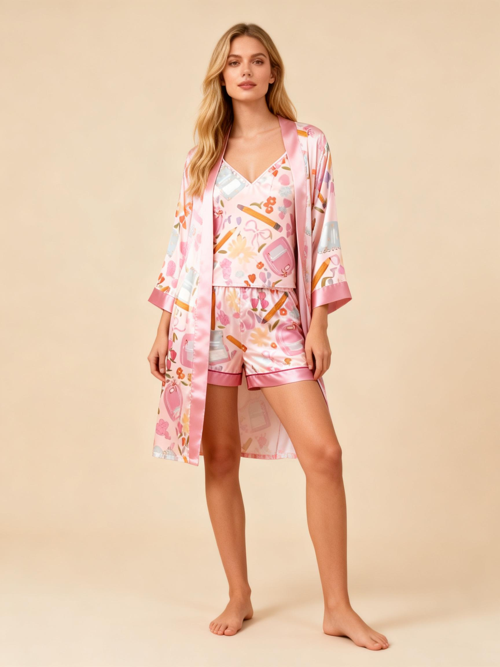 Women's Premium Satin Sleep Set with Pink Pattern Design