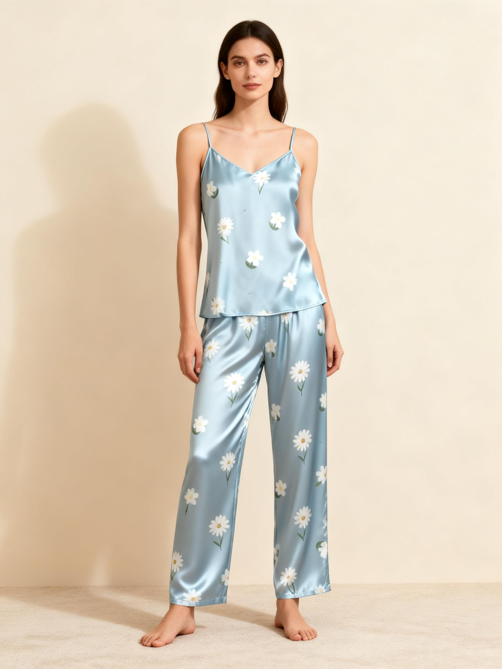 Satin 3-Piece Elegant Blue Floral Sleepwear Set for Women