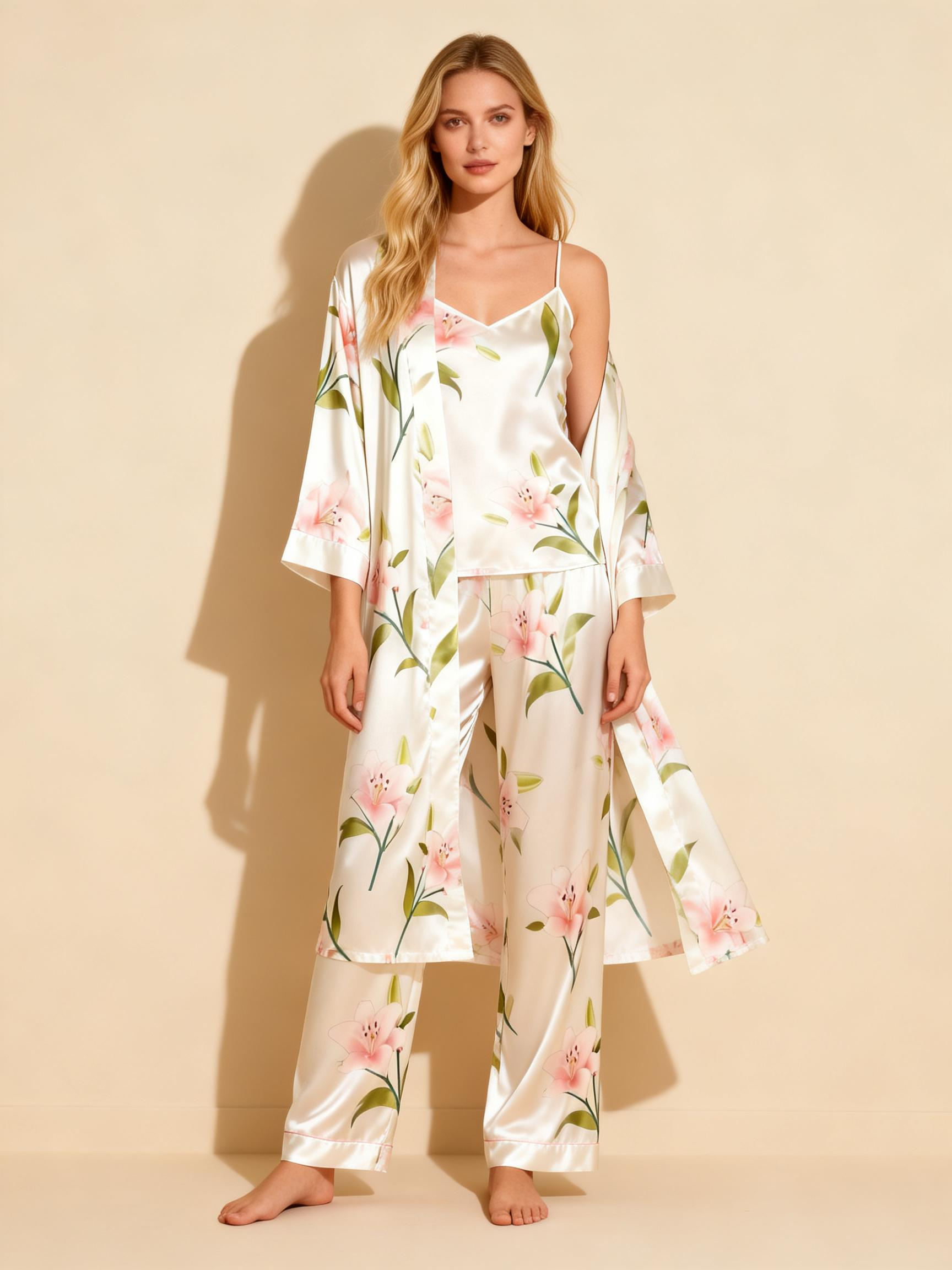 Women's 3-Piece Lily flower Print Satin Loungewear