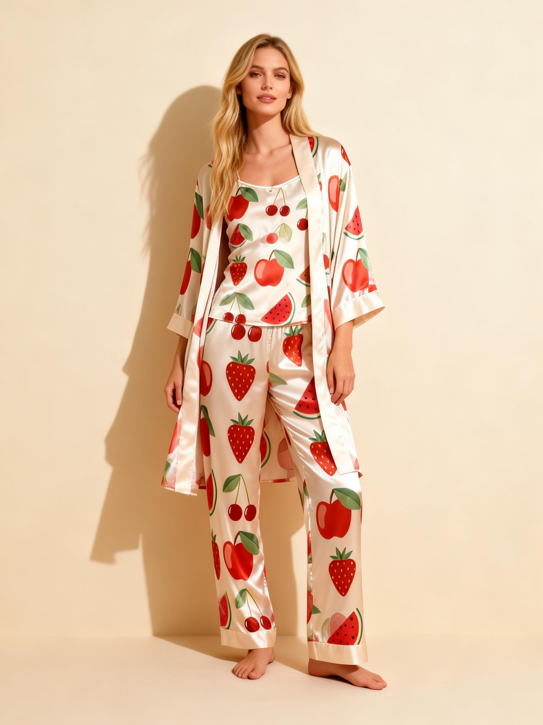 Women's 3-Piece Sweet Fruits Satin Loungewear