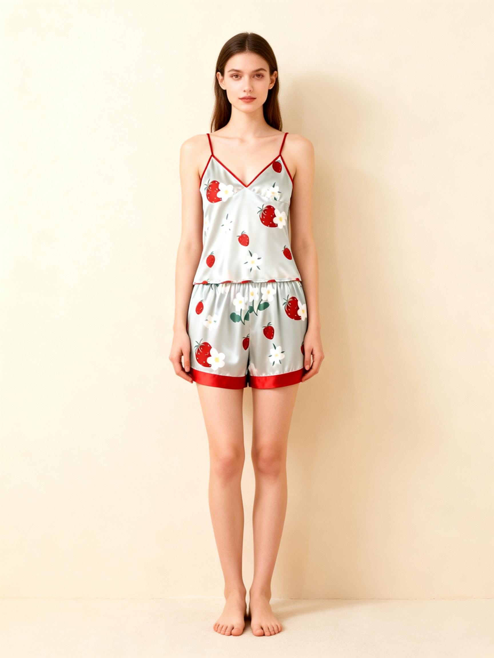Cute Strawberry Motif 3-Piece Satin Lounge Set for Women