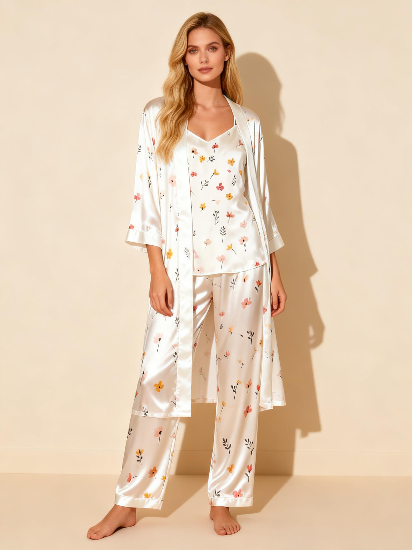 Satin 3-Piece Lovely Small Floral Sleepwear Set for Women