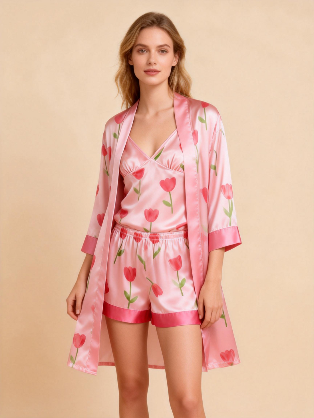 Elegant Satin 3-Piece Loungewear Set with Garden Bloom Pattern