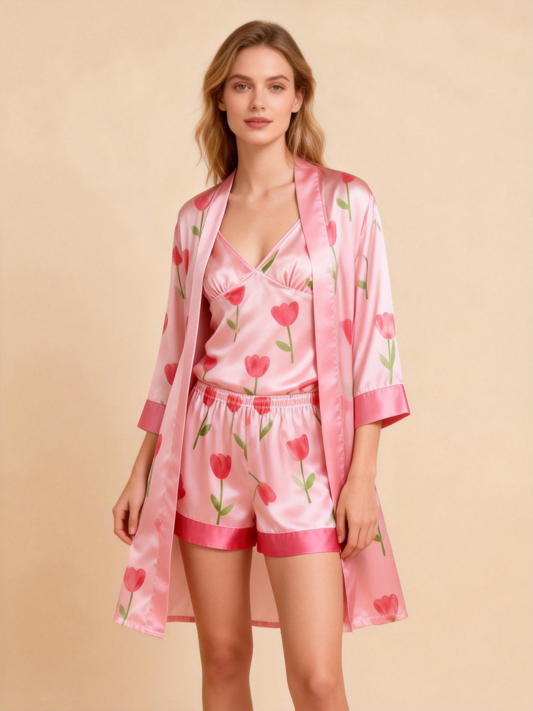 Elegant Satin 3-Piece Loungewear Set with Garden Bloom Pattern