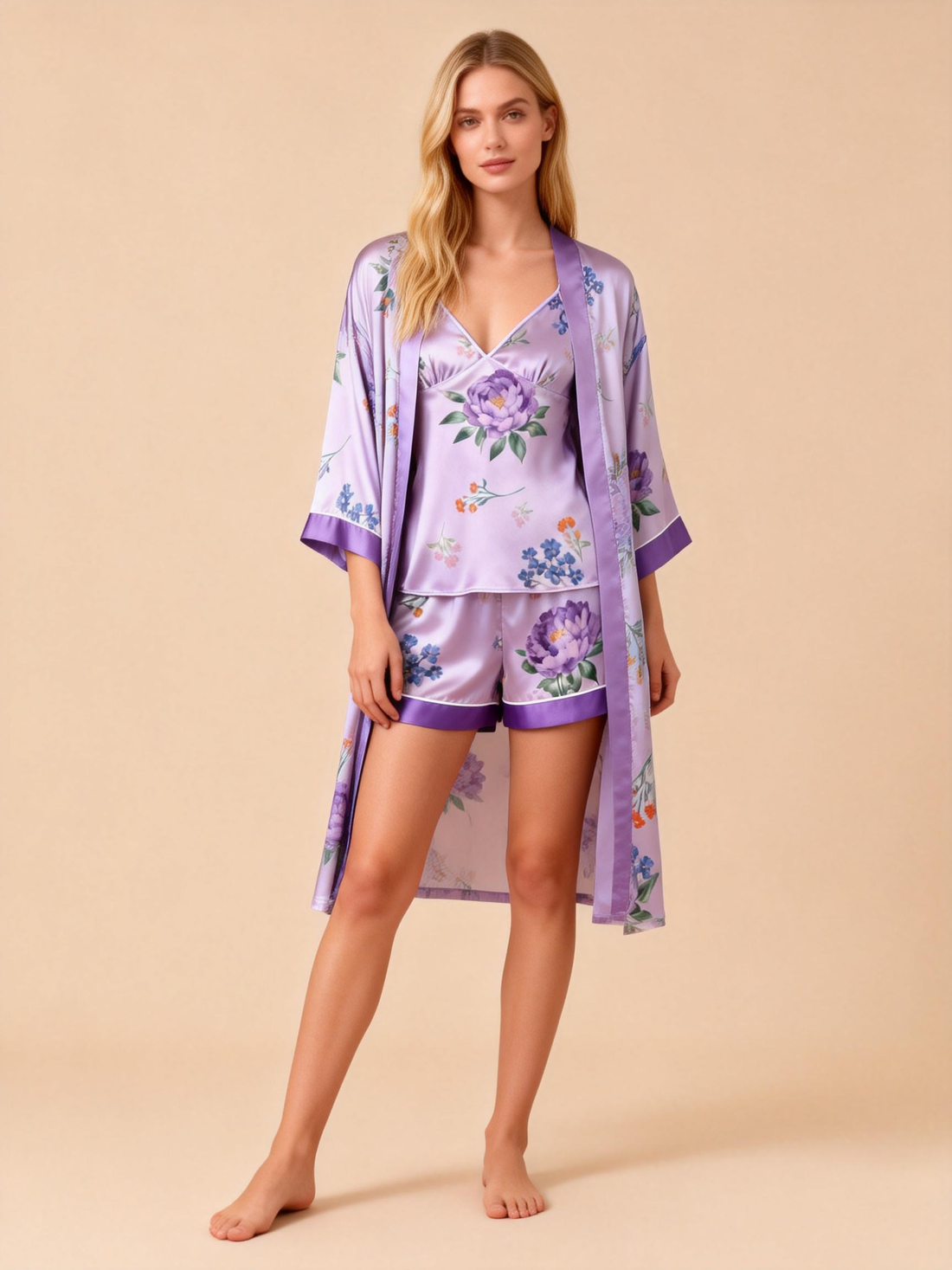 Women's Premium Satin Sleep Set with Purple Floral Blossom