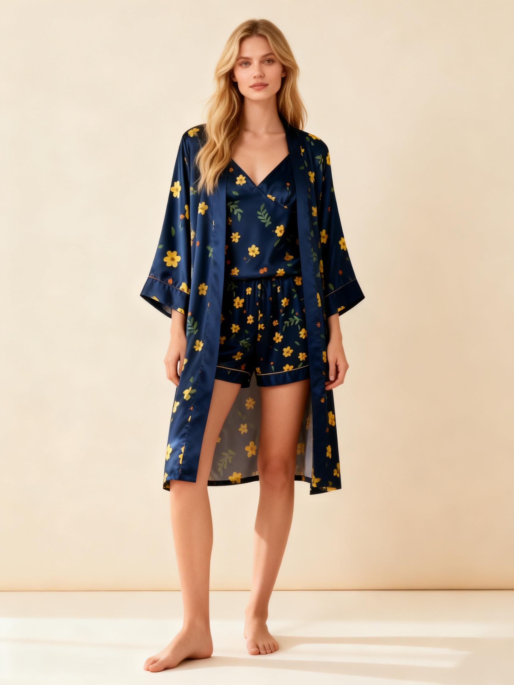 Yellow Floral & Dreamscape Satin Sleepwear Trio for Women