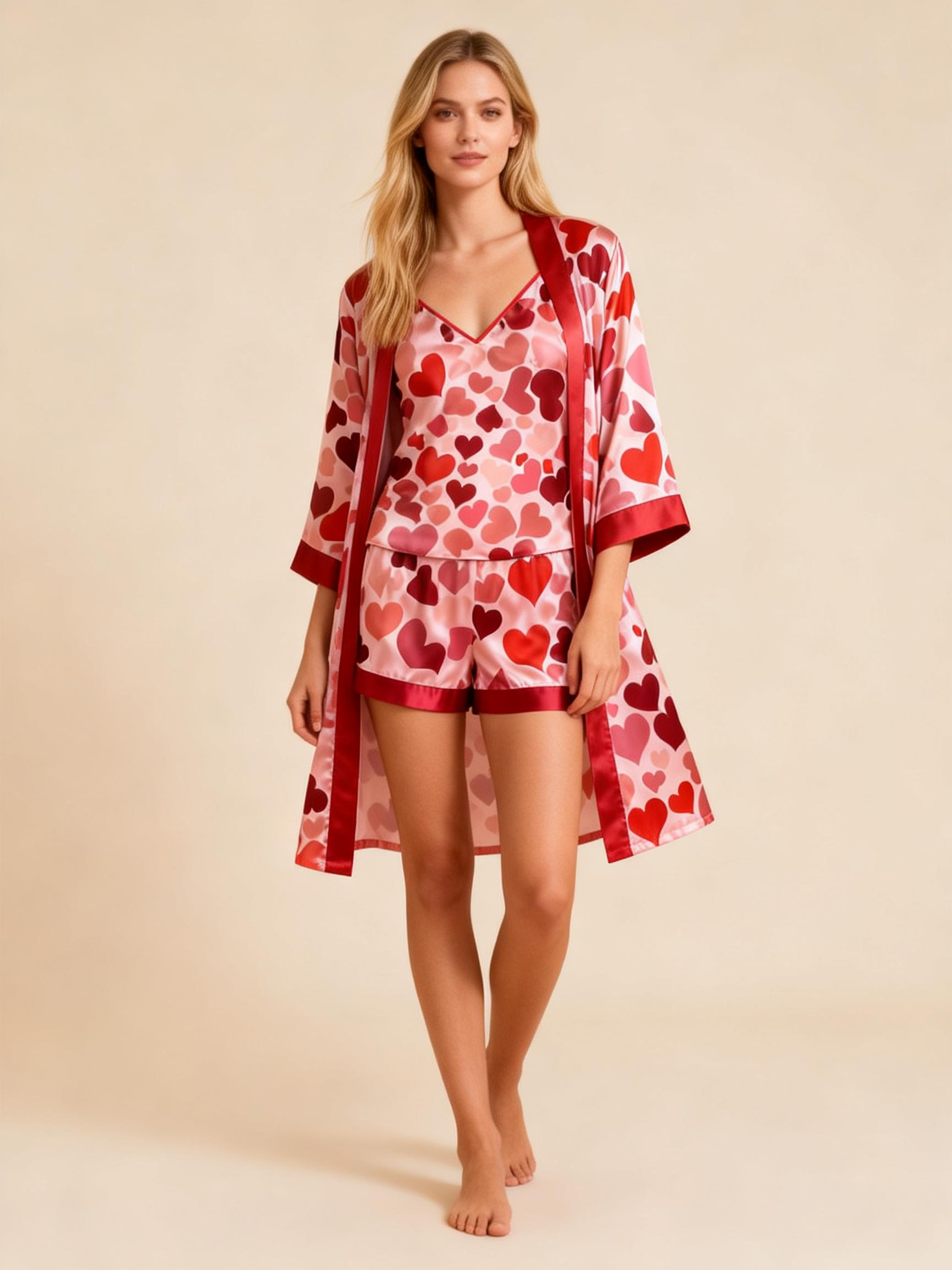 Elegant Satin 3-Piece Loungewear Set with Romantic Midnight Design