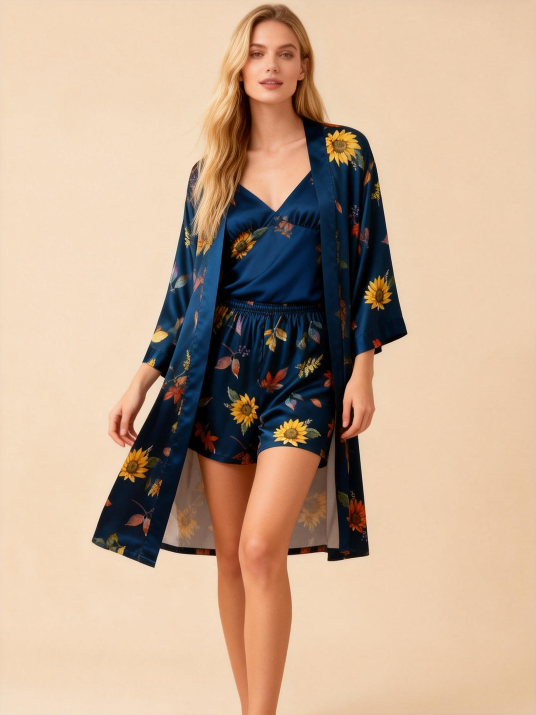 Elegant Satin Loungewear Trio with Sunflorals Design