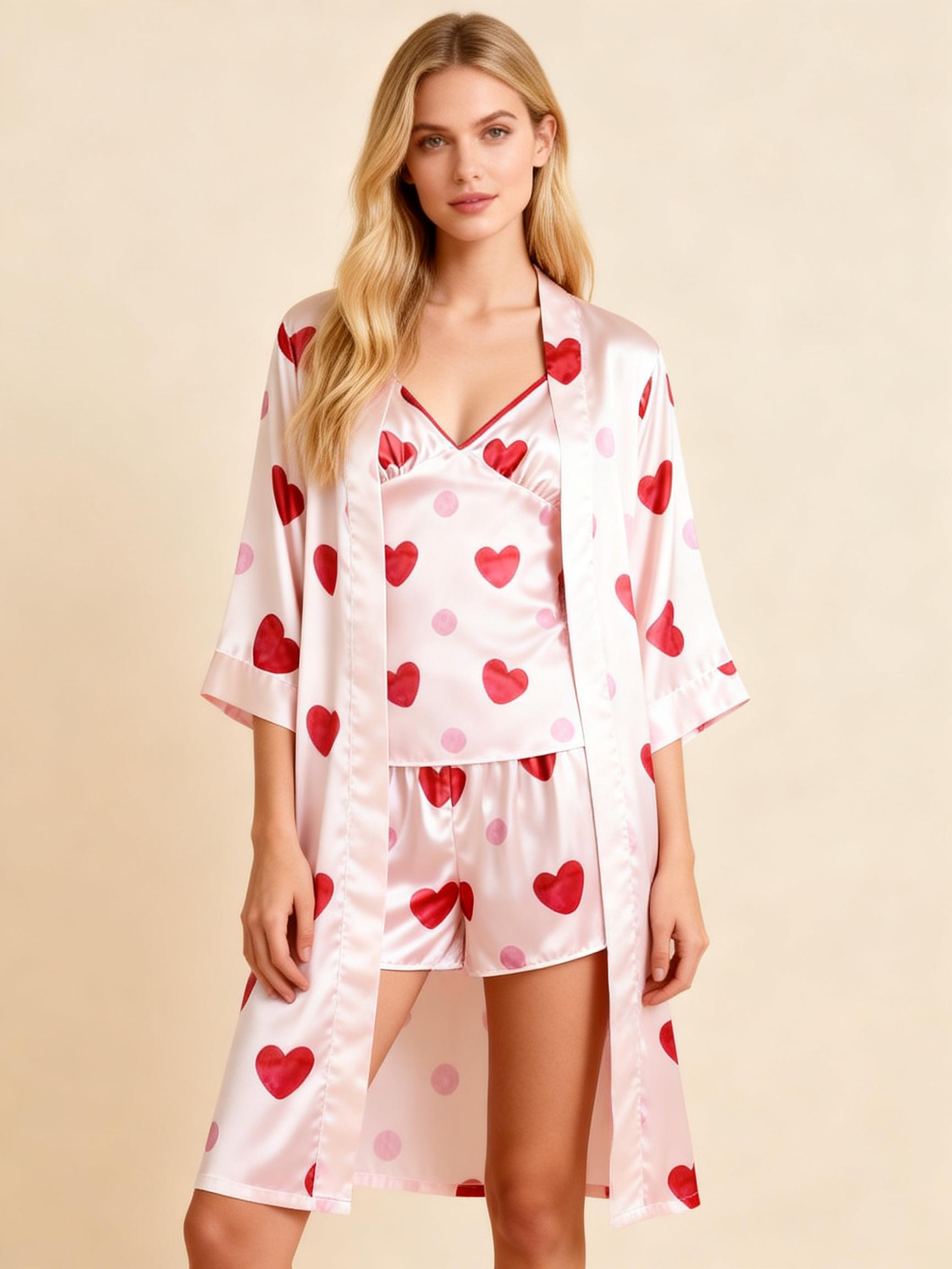 Elegant Satin 3-Piece Loungewear Set with Red Heart Design