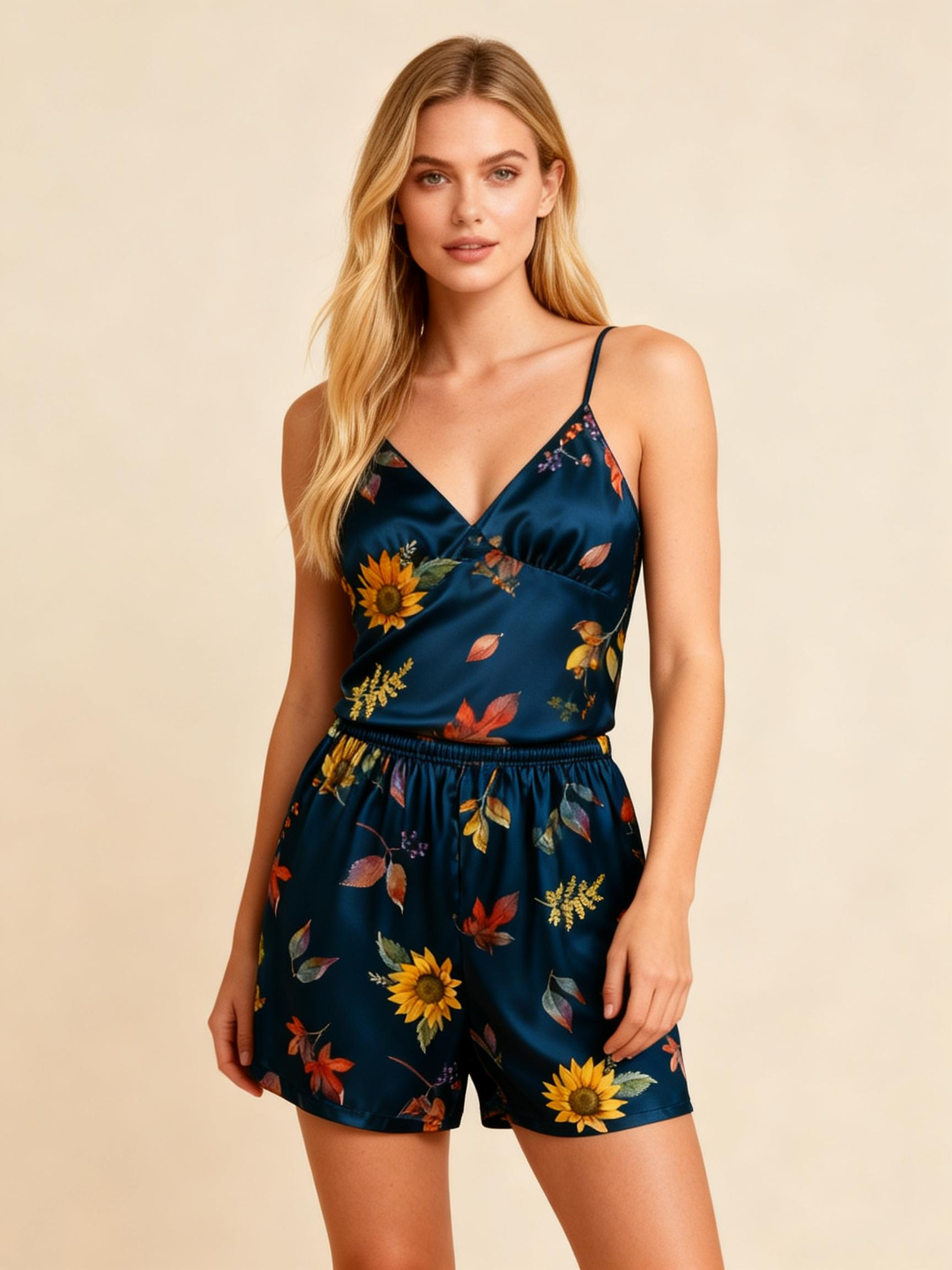 Elegant Satin Loungewear Trio with Sunflorals Design