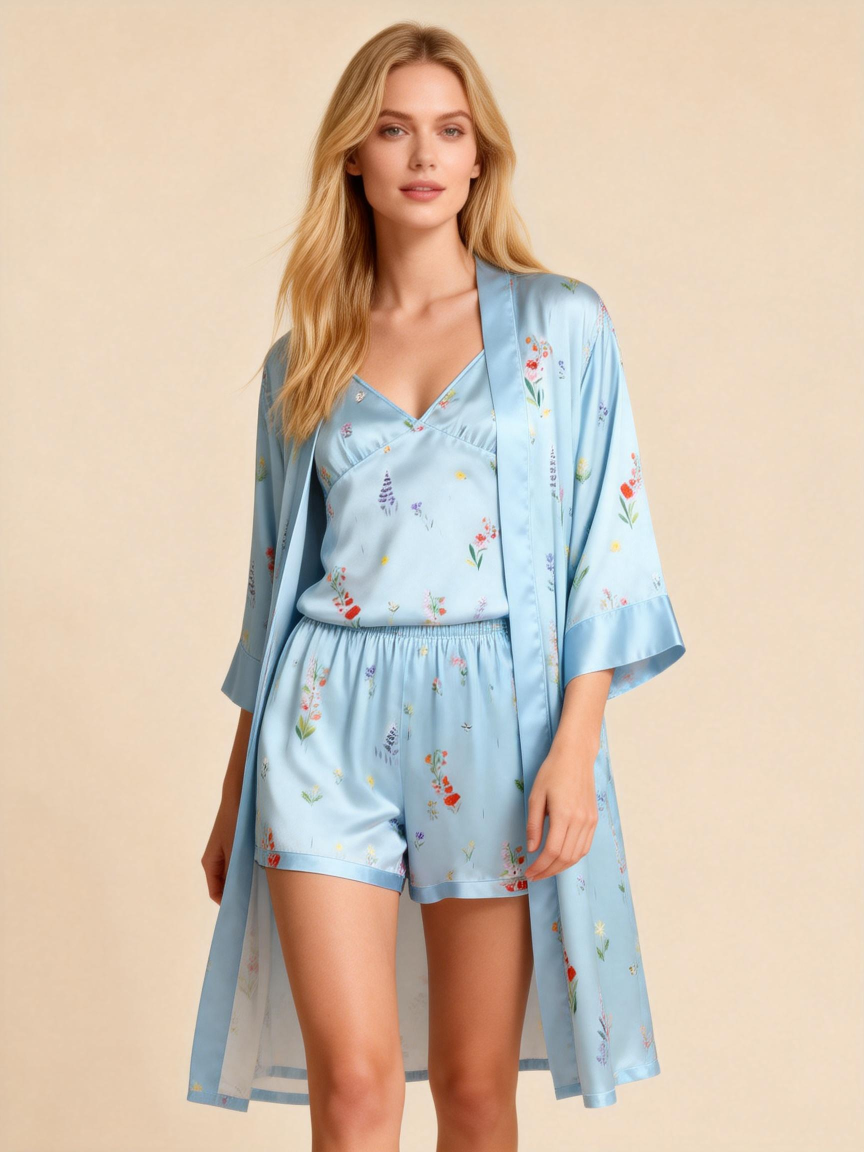 Chic Satin 3-Piece Pajama Set Featuring Light Botanical Floral Designs