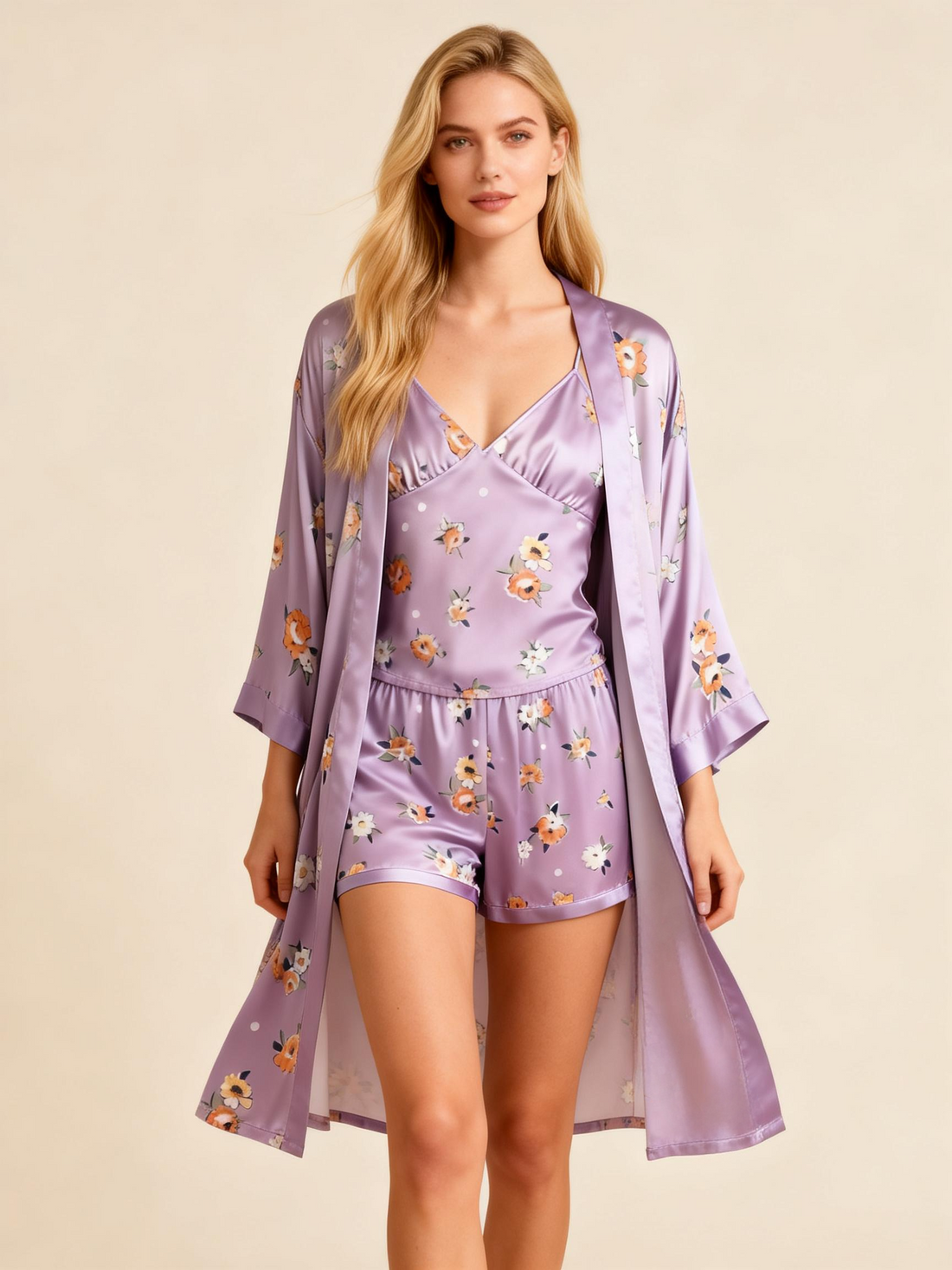 Elegant Satin Light Purple Loungewear Trio with Florals Motif