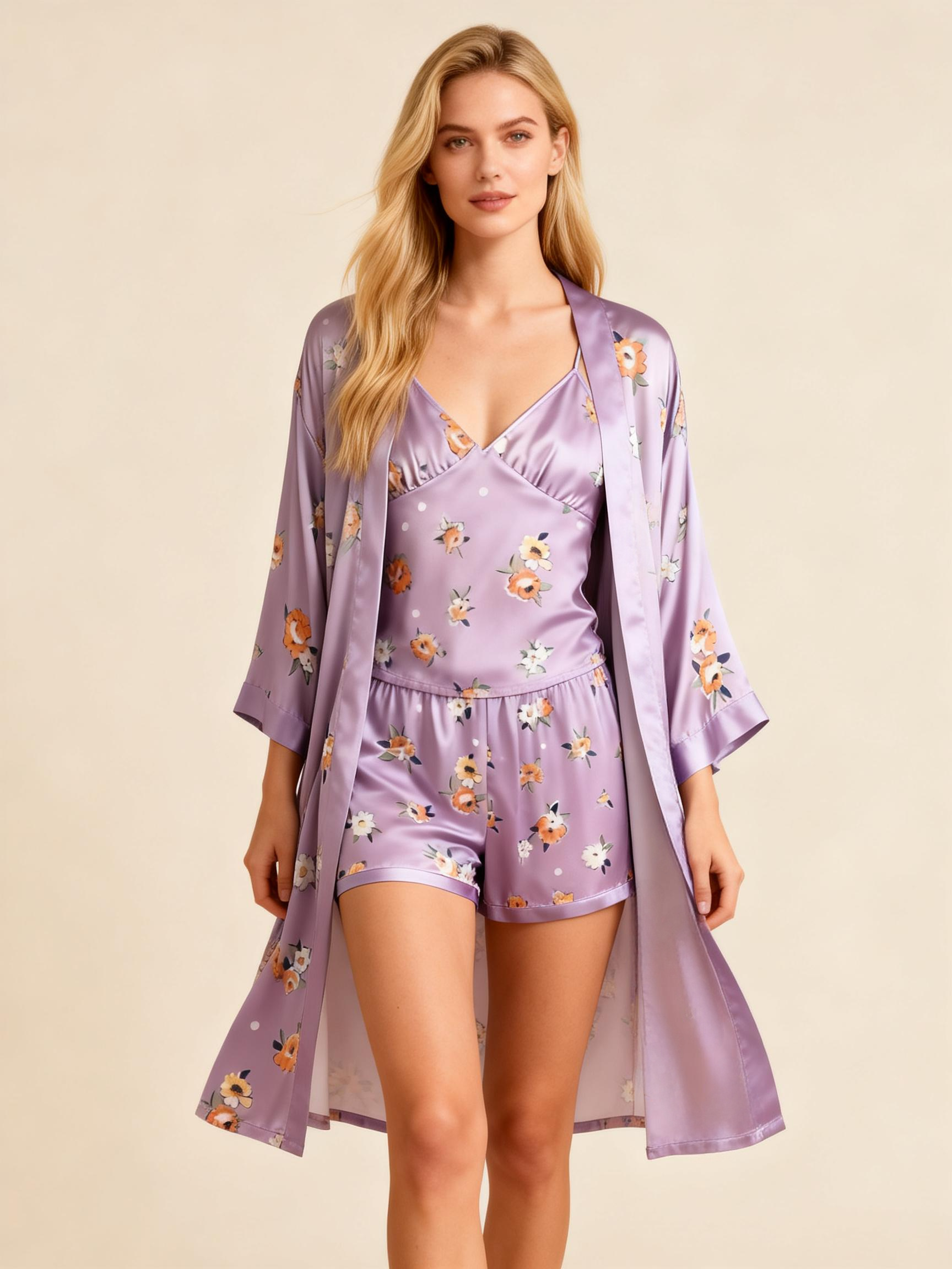 Elegant Satin Light Purple Loungewear Trio with Florals Motif